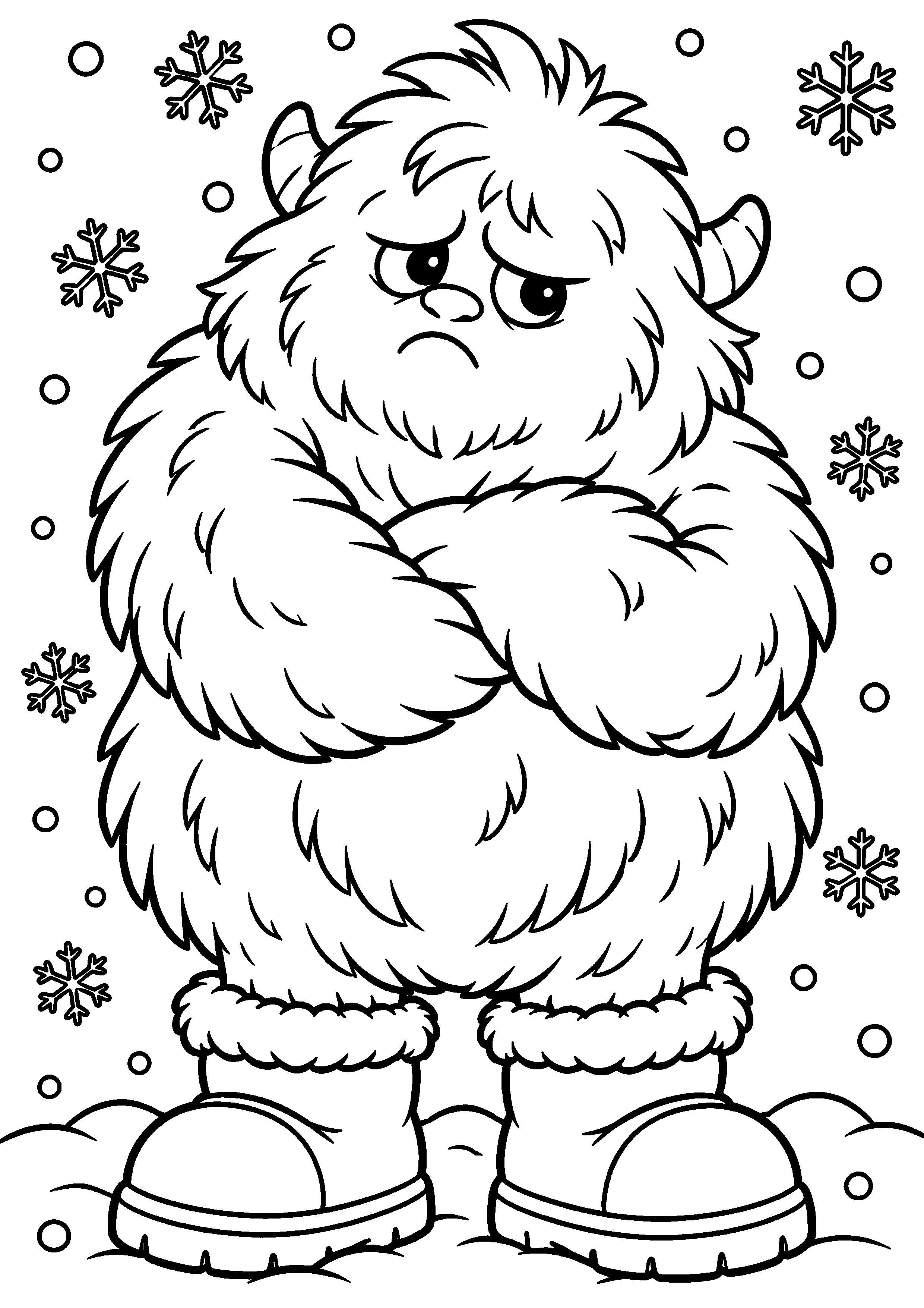 Yéti rond et original au visage boudeur sous de grands flocons à colorier