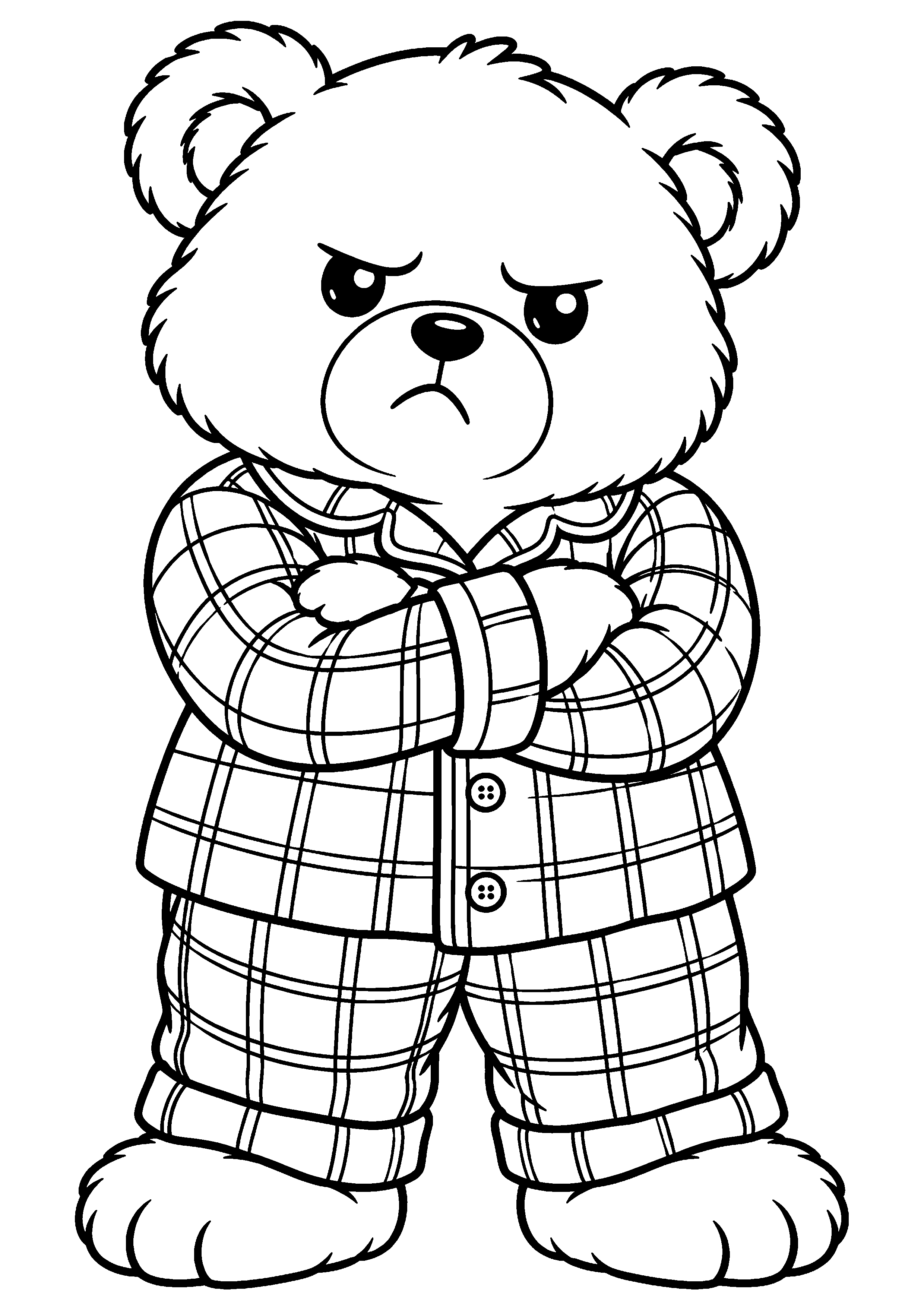 Grand ours en peluche original en pyjama avec les bras croisés à colorier