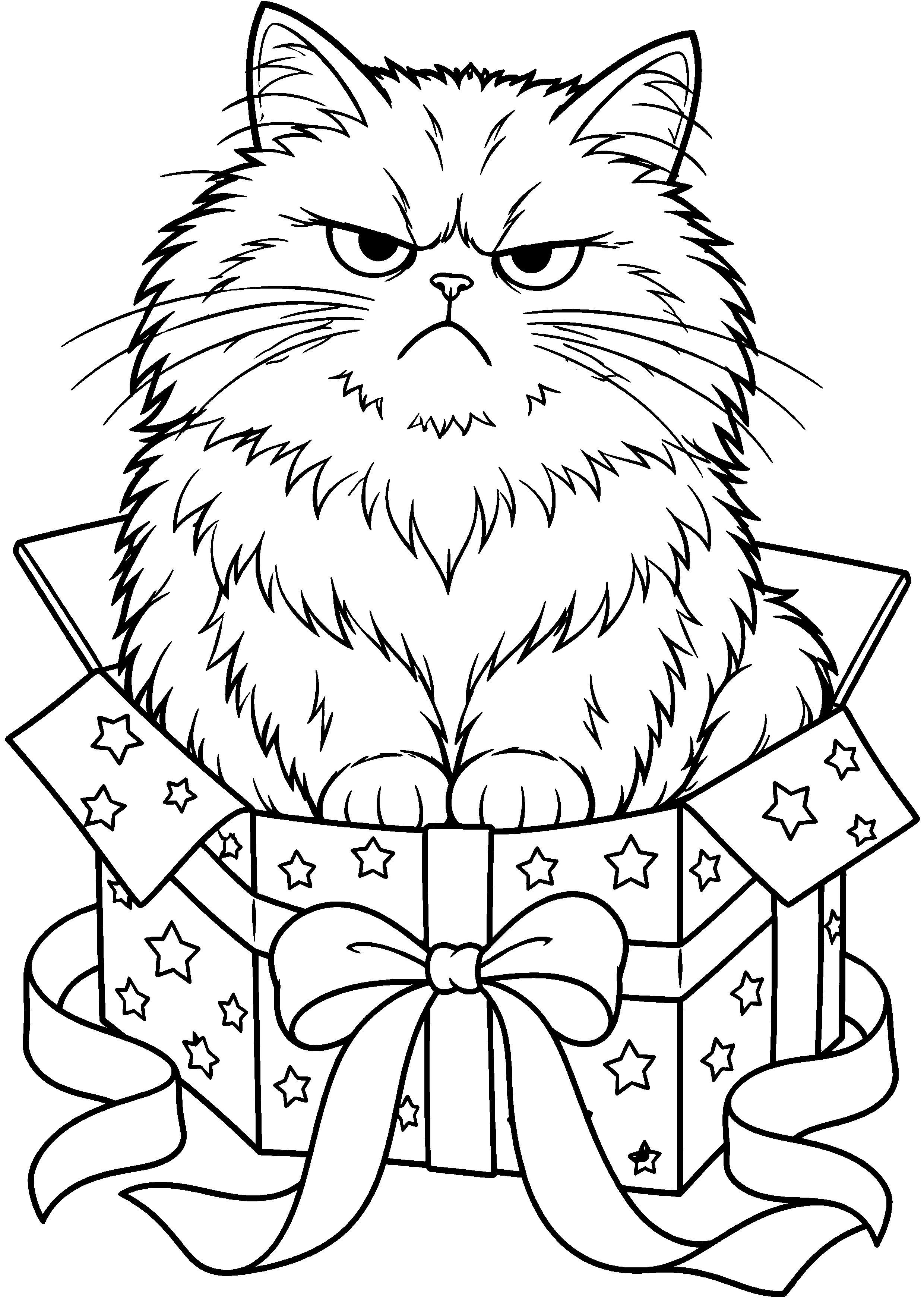 Grand chat original assis dans une boîte cadeau avec une mine boudeuse à colorier