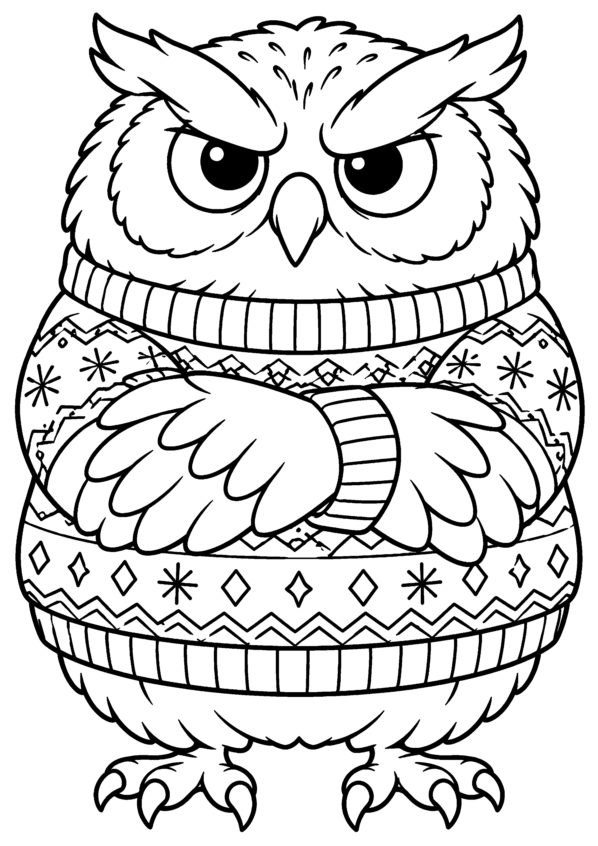 Hibou rond et original portant un pull d'hiver à colorier