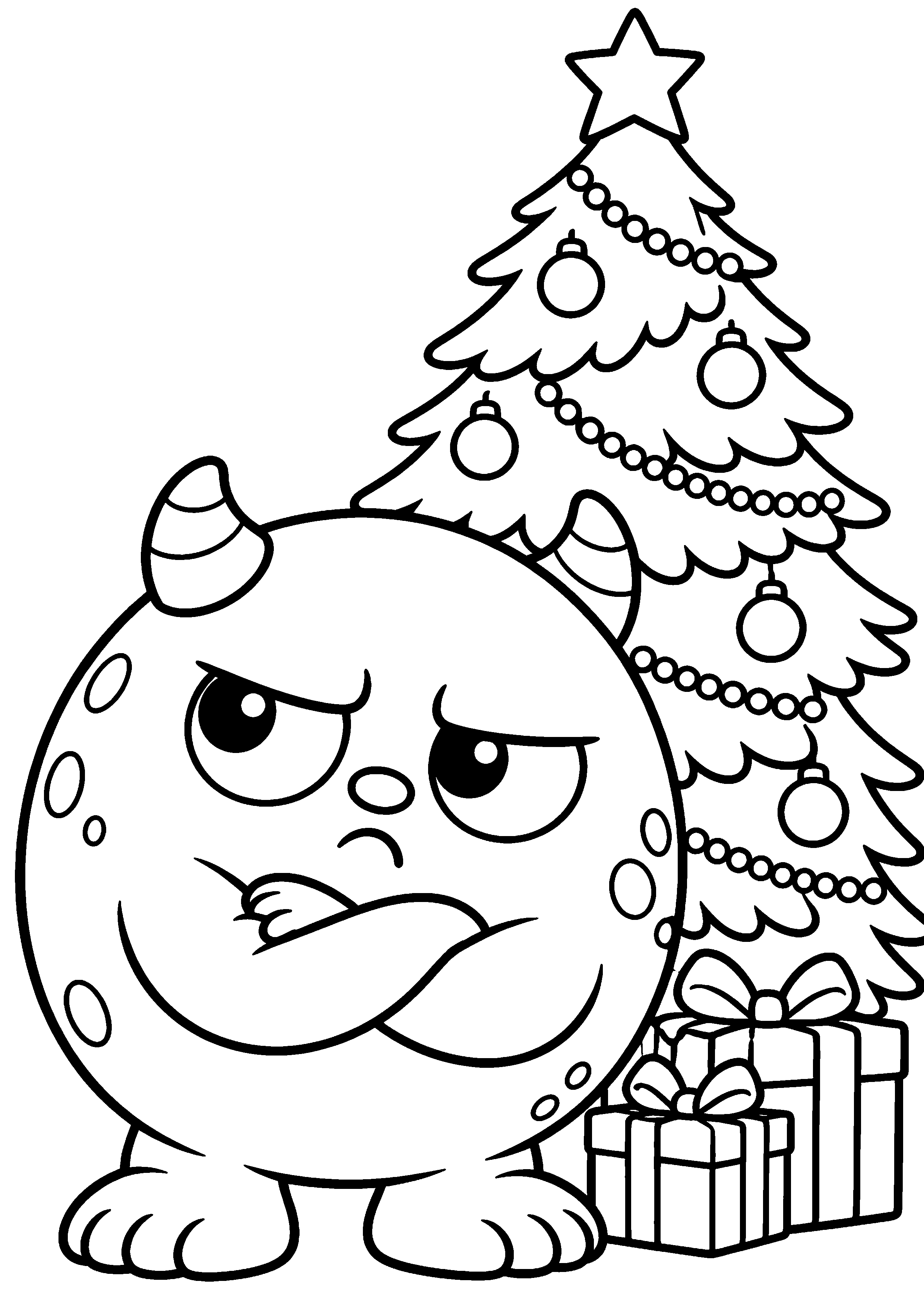 Petit monstre rond original faisant la moue près d'un sapin à colorier