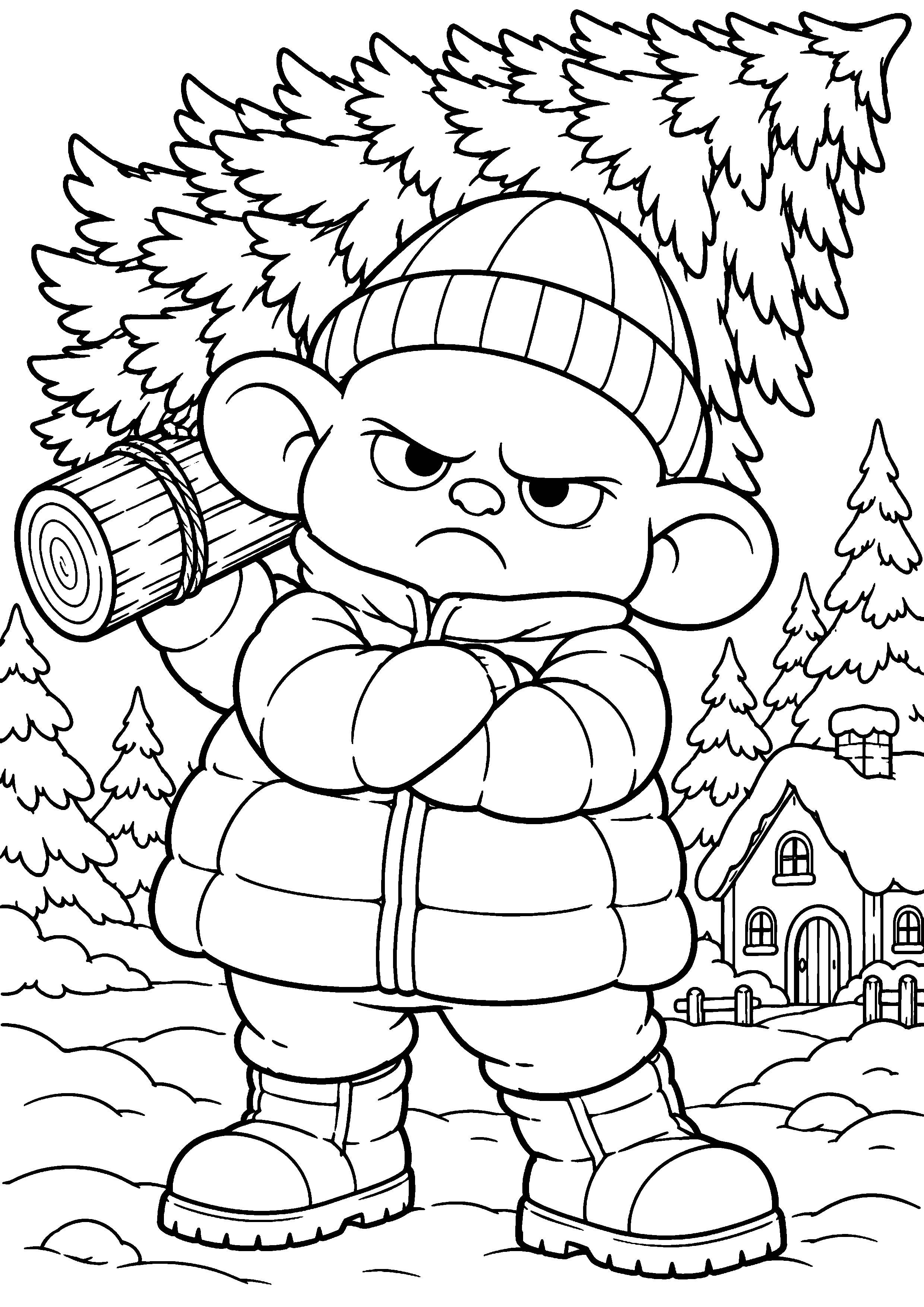 Petit gobelin rond et original en manteau d'hiver à colorier