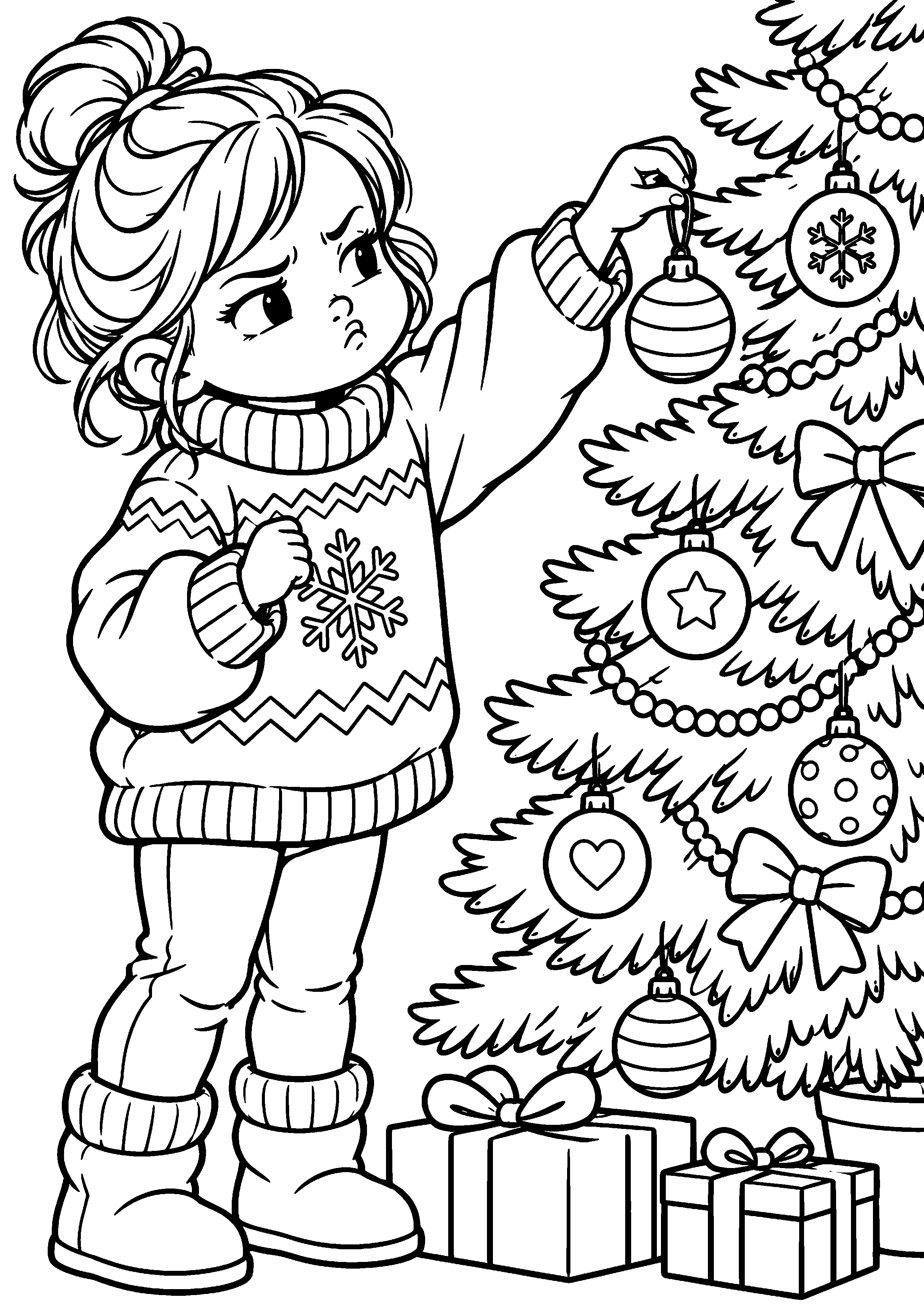 Enfant original faisant la moue en décorant un grand sapin à colorier