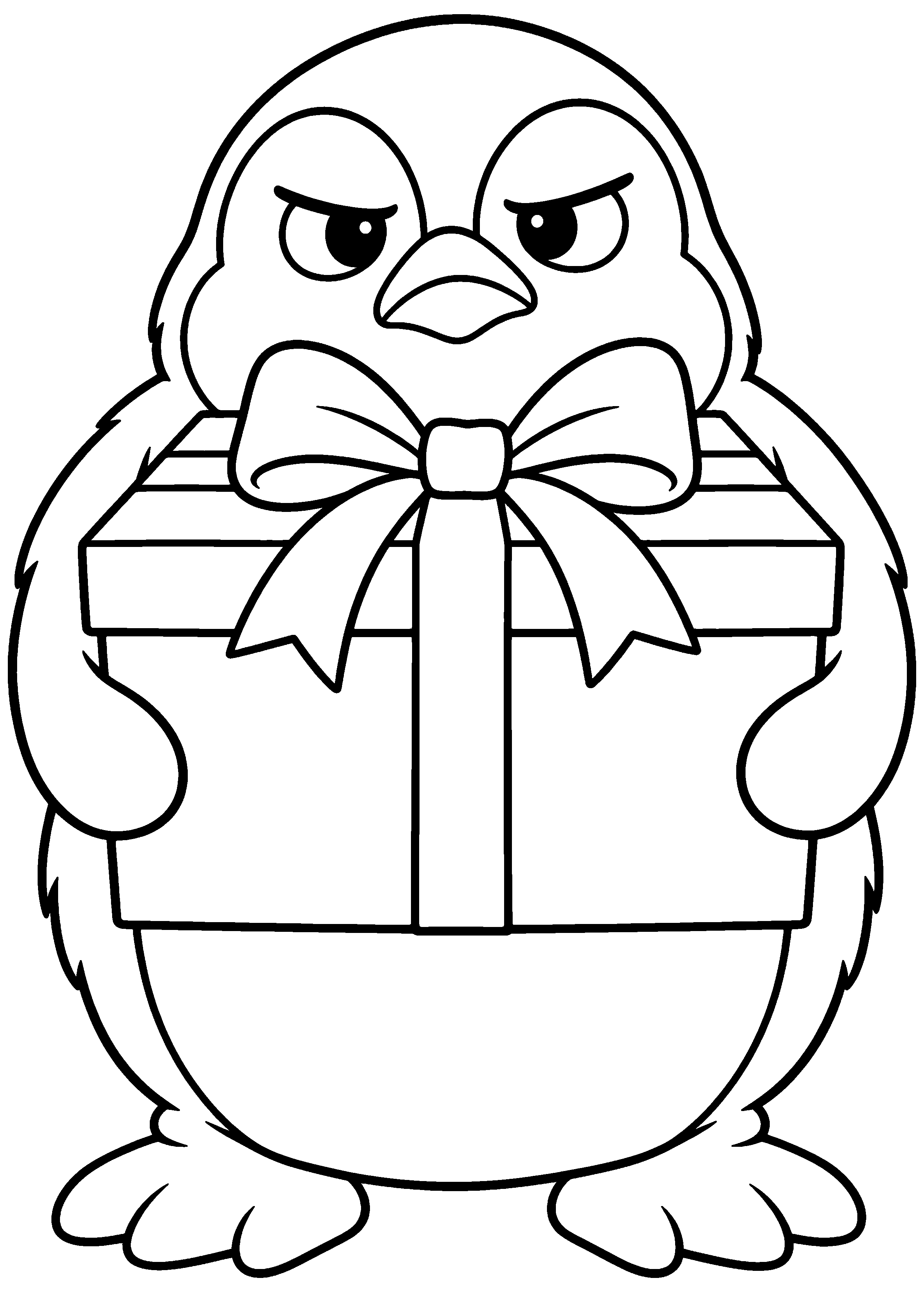 Grand pingouin rond tenant un énorme paquet cadeau à colorier