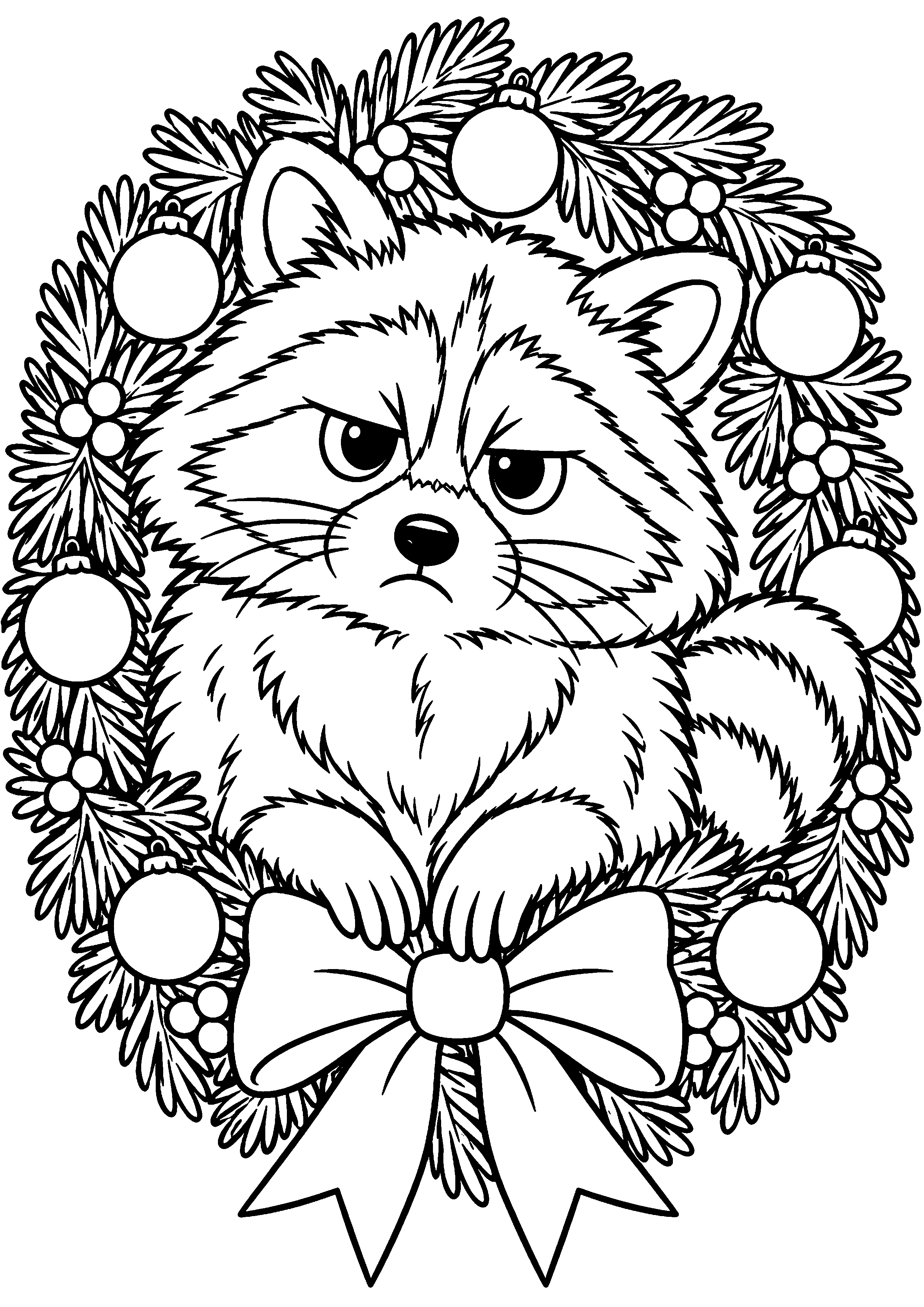 Raton laveur original au centre d'une grande couronne festive à colorier