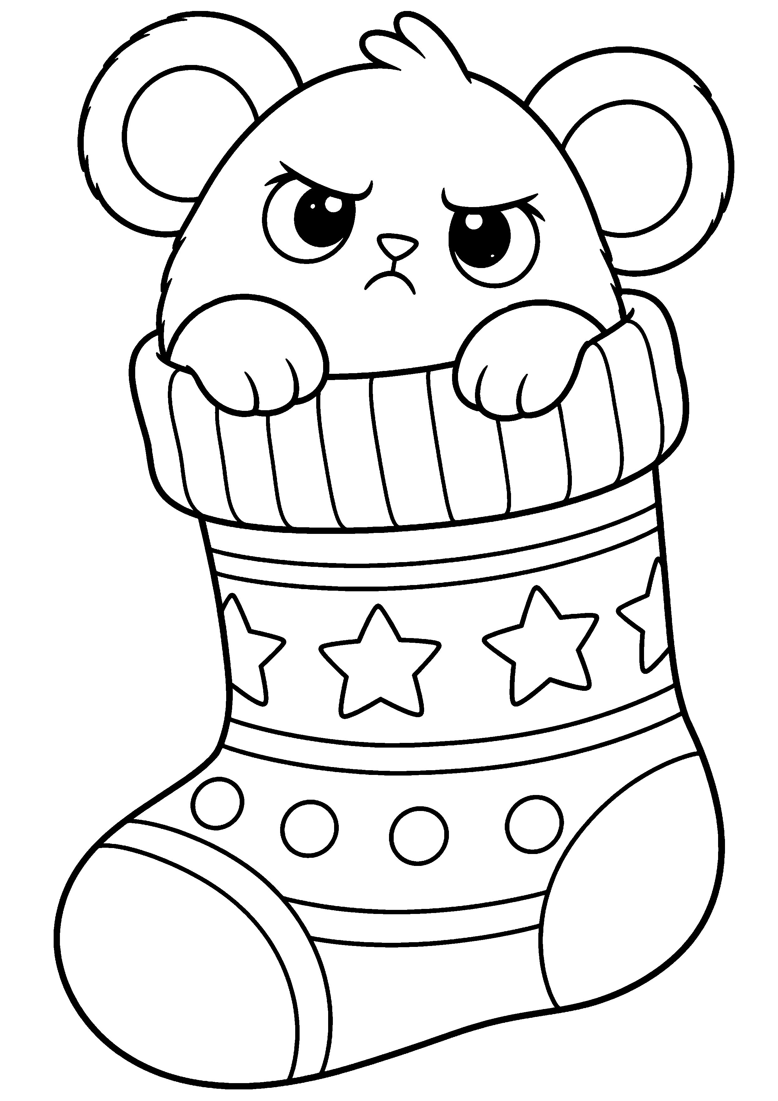 Créature en peluche originale sortant d'une grande chaussette de Noël à colorier