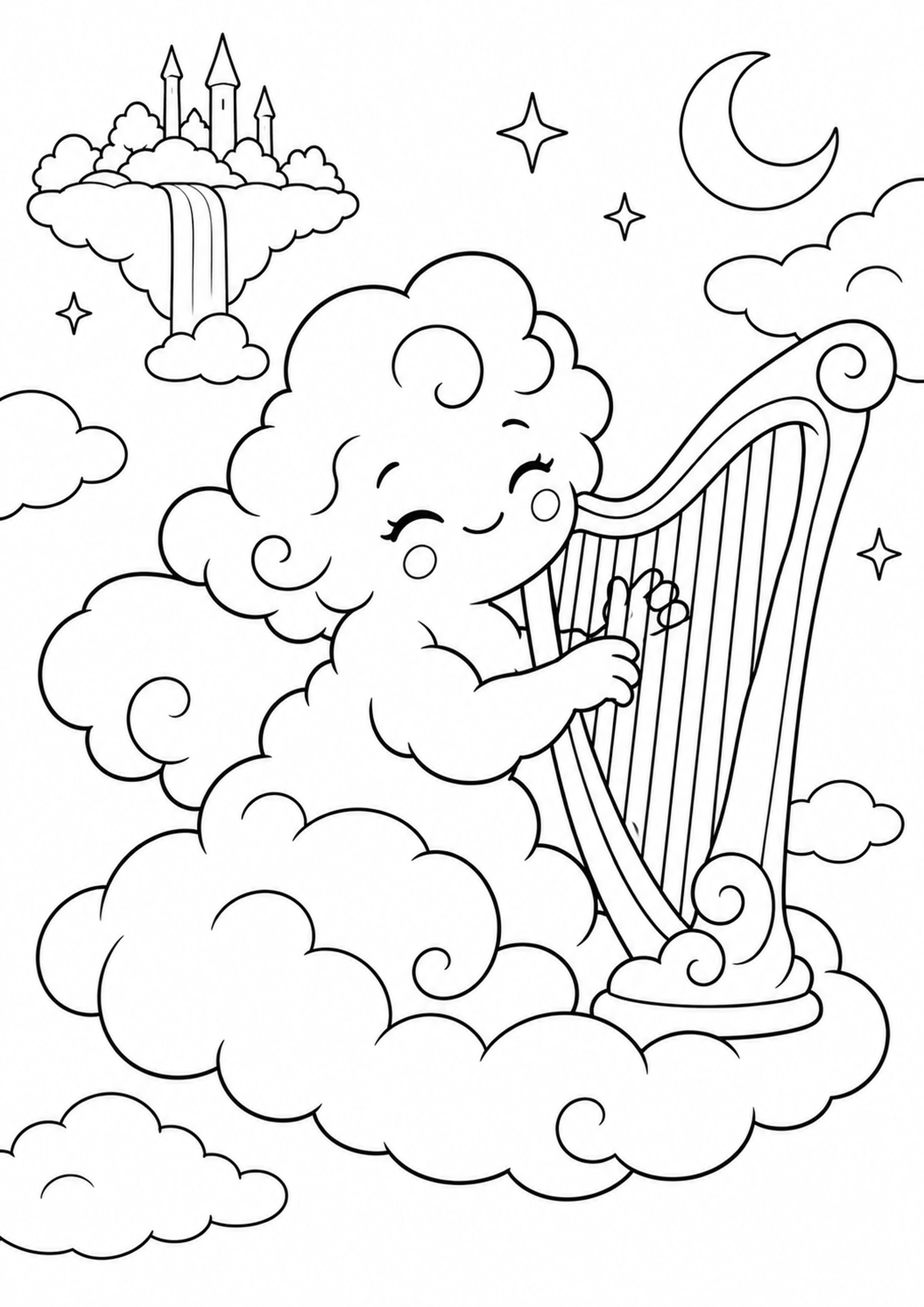 Coloriage créature nuage jouant de la harpe à imprimer
