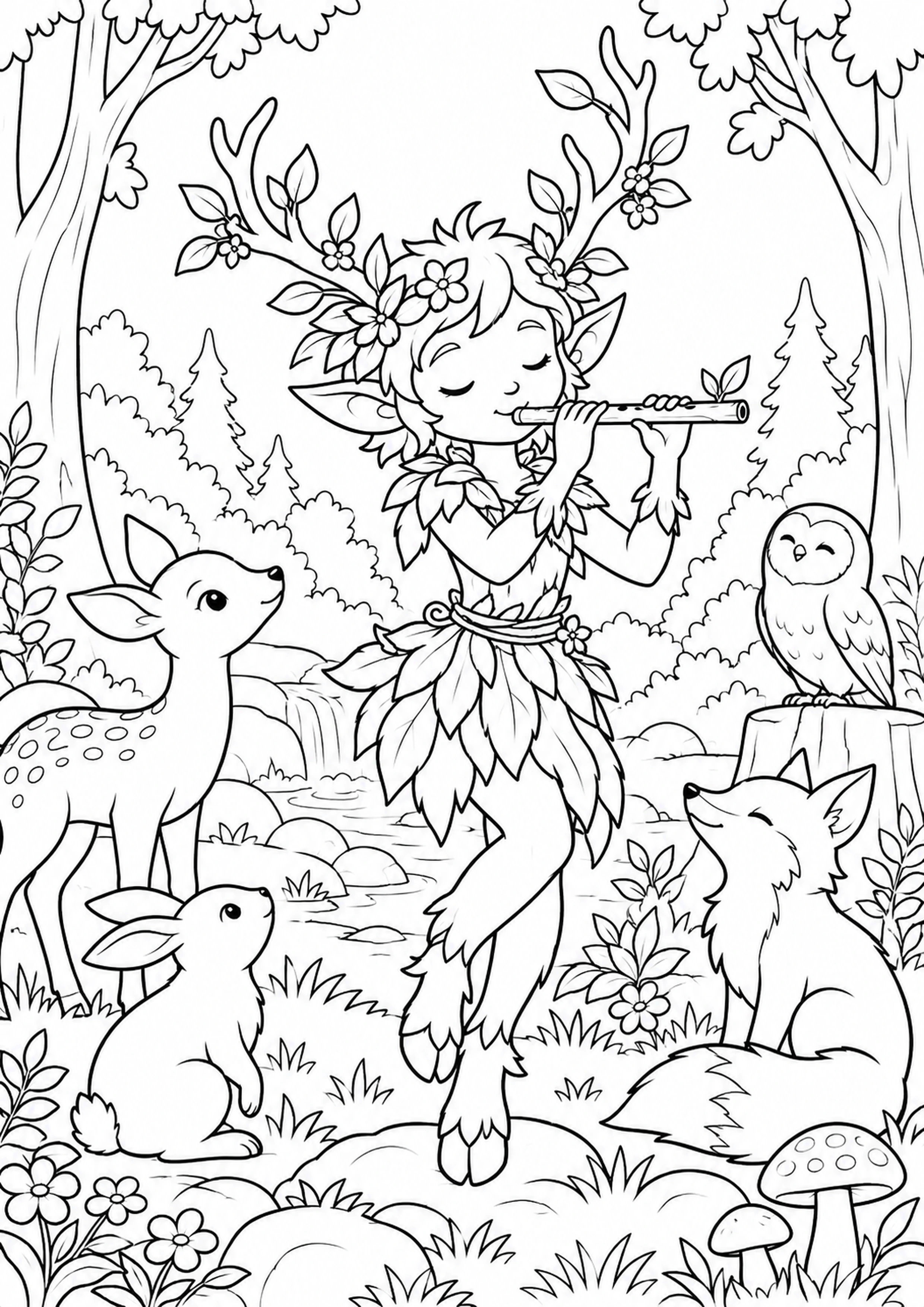 Coloriage esprit forêt original à la flûte à imprimer