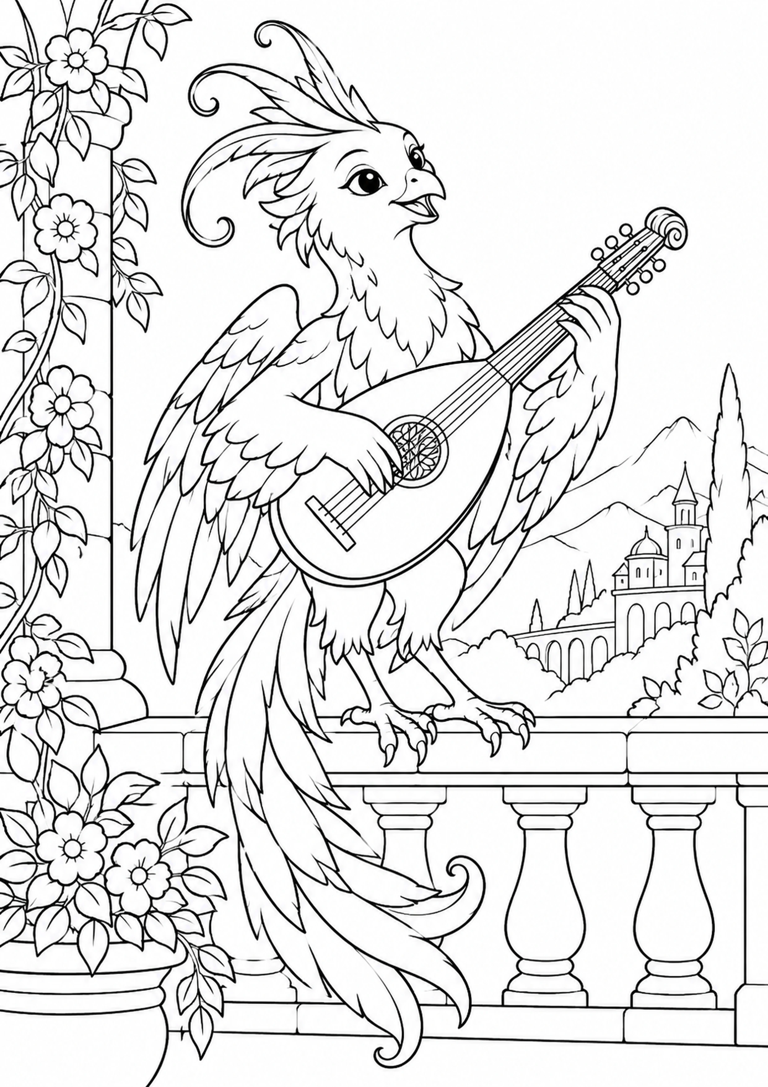 Coloriage oiseau fantastique au luth générique à imprimer