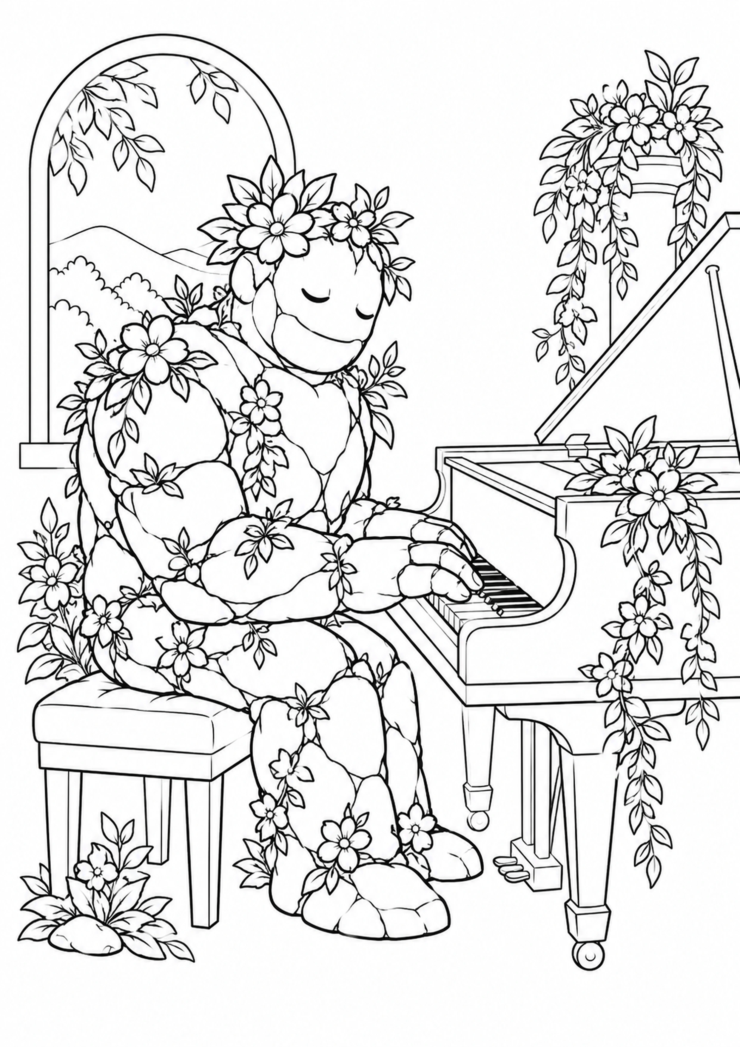 Coloriage golem fleuri au piano générique à imprimer