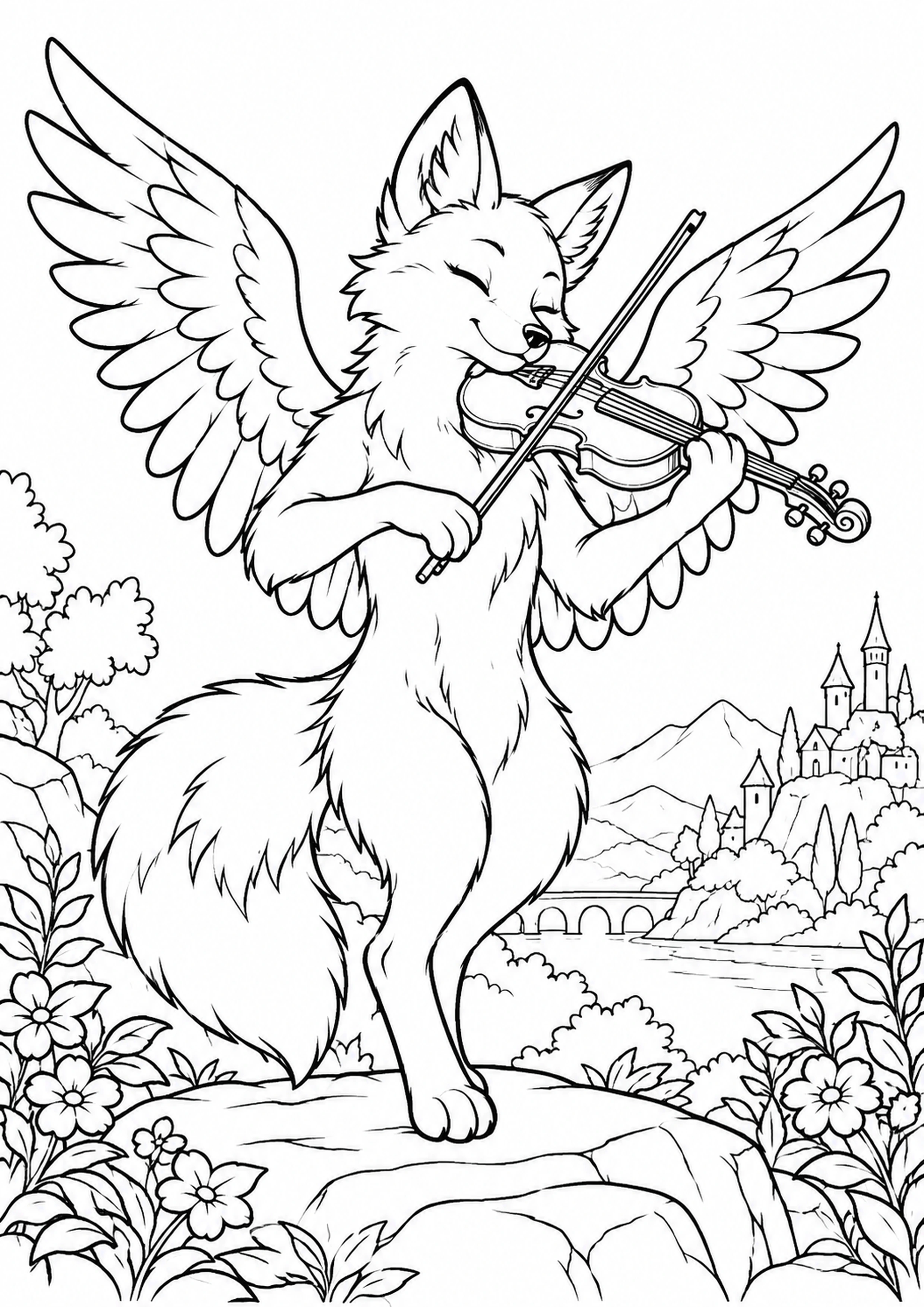Coloriage renard ailé au violon à imprimer