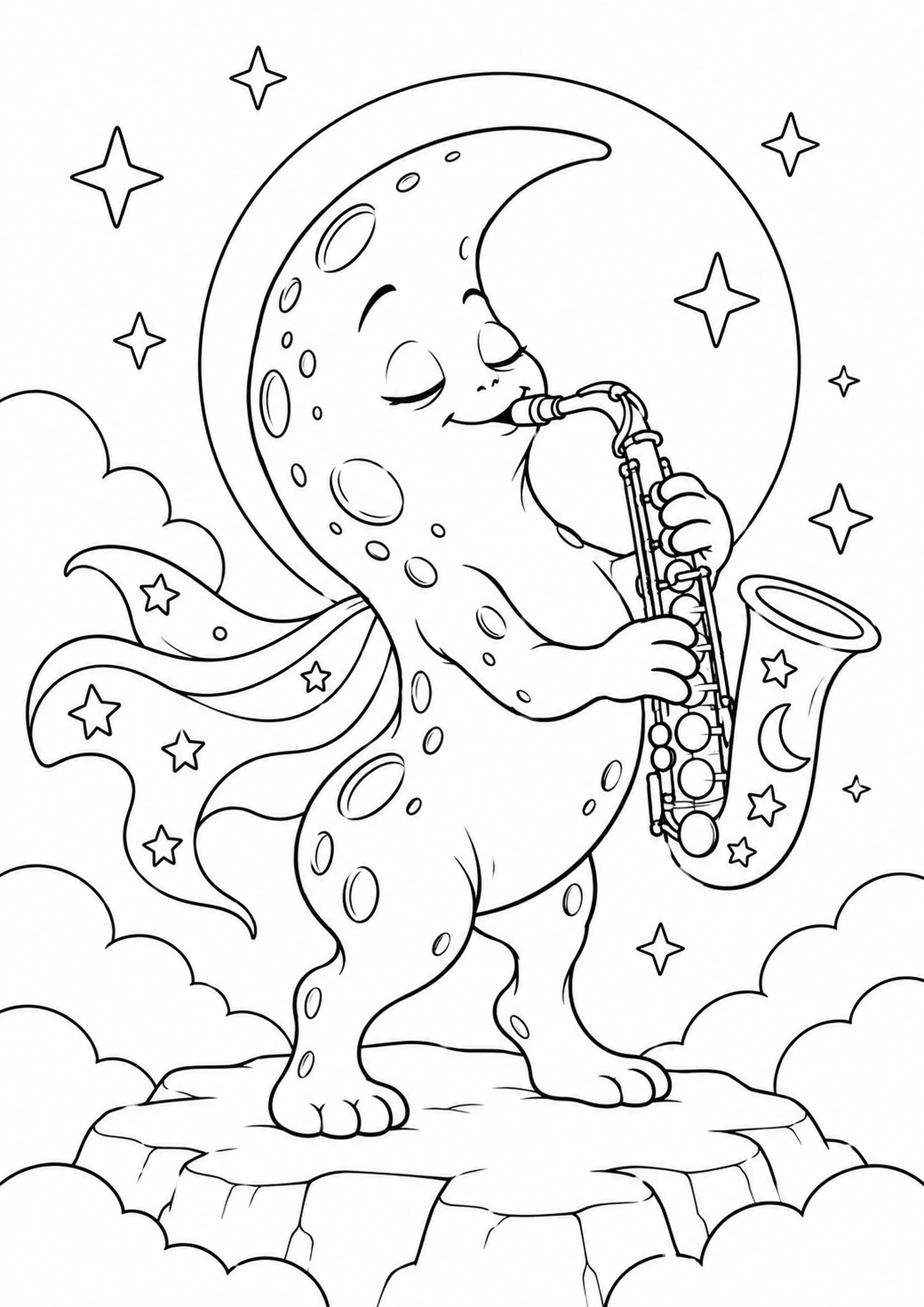 Coloriage créature lune au saxophone à imprimer