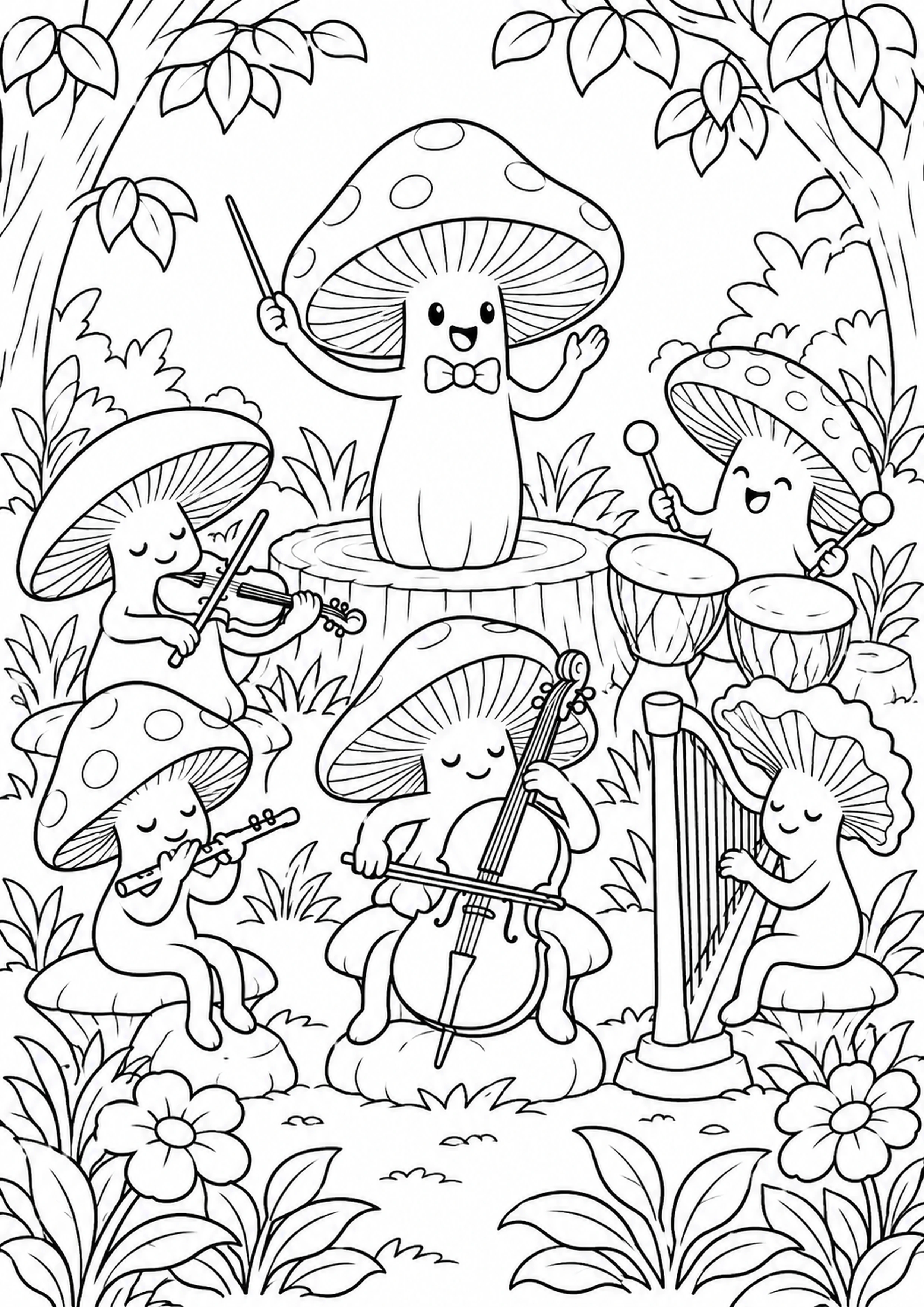 Coloriage orchestre de champignons vivants à imprimer
