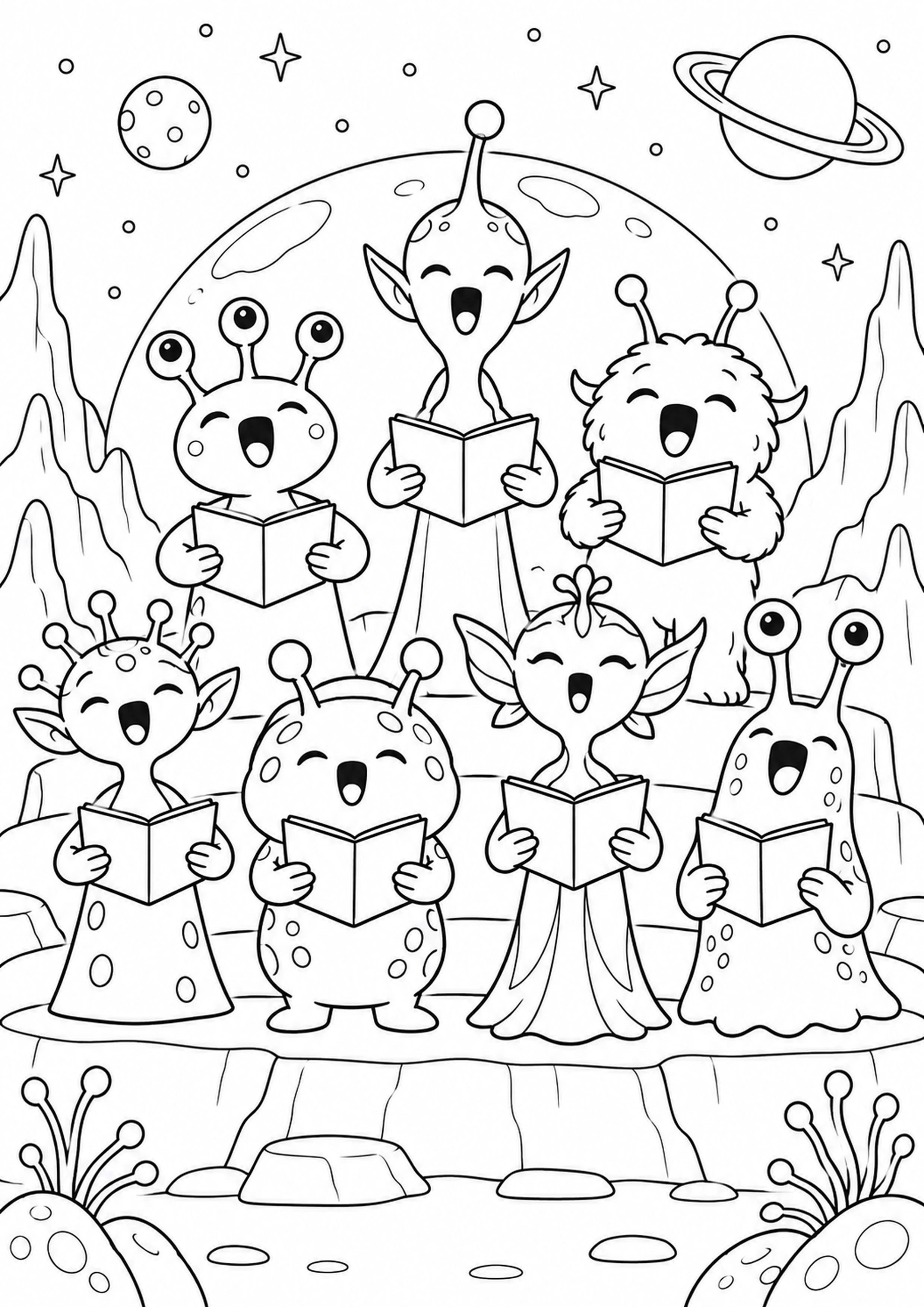Coloriage chorale de petits extraterrestres à imprimer