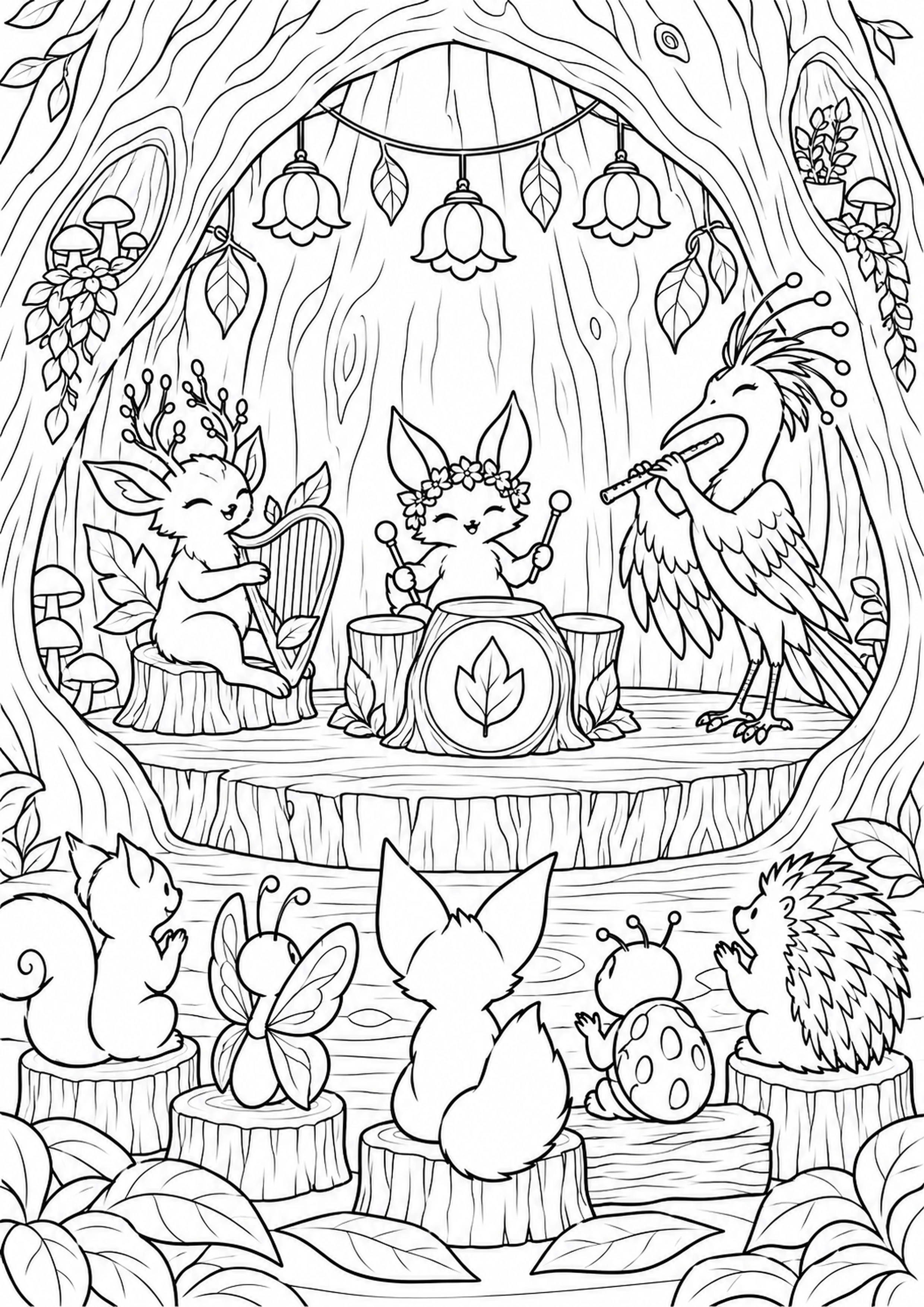 Coloriage concert dans un arbre creux à imprimer