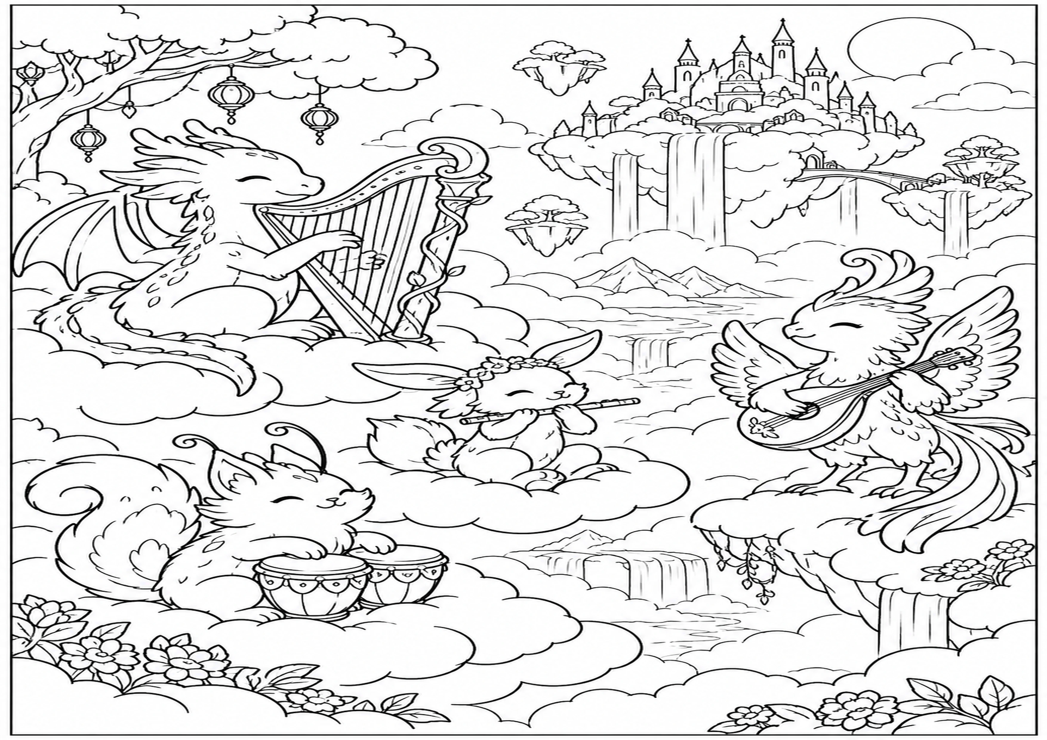 Coloriage scène flottante dans les nuages à imprimer