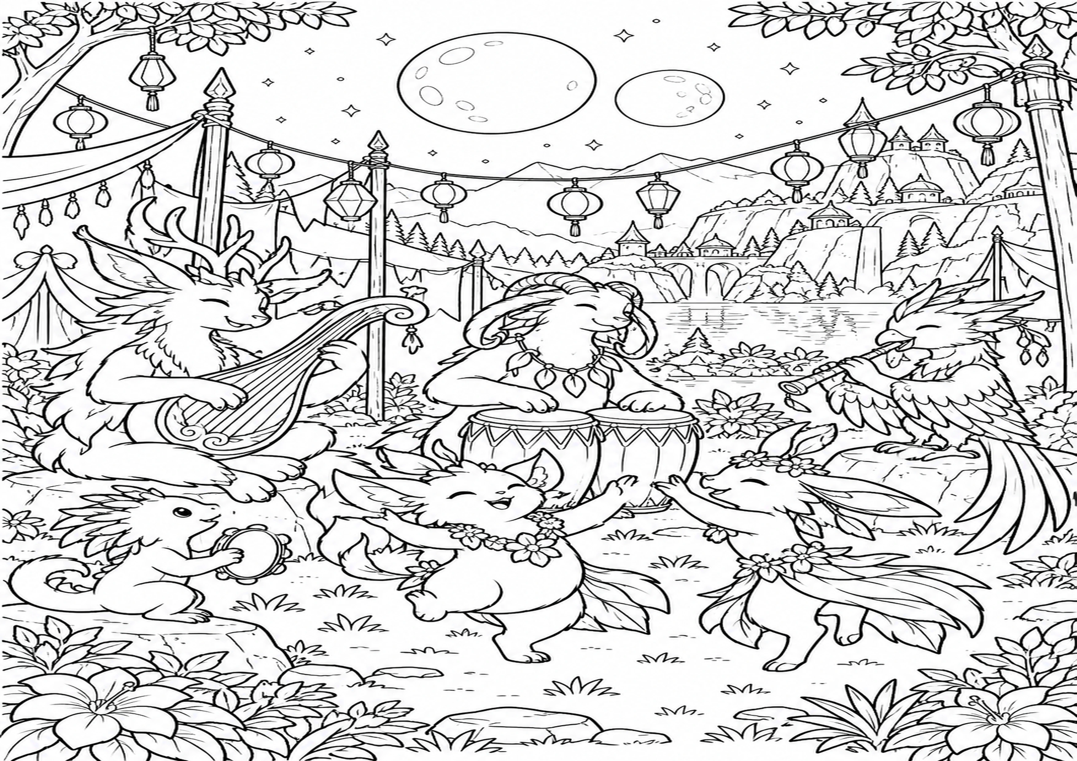 Coloriage festival sous deux lunes à imprimer