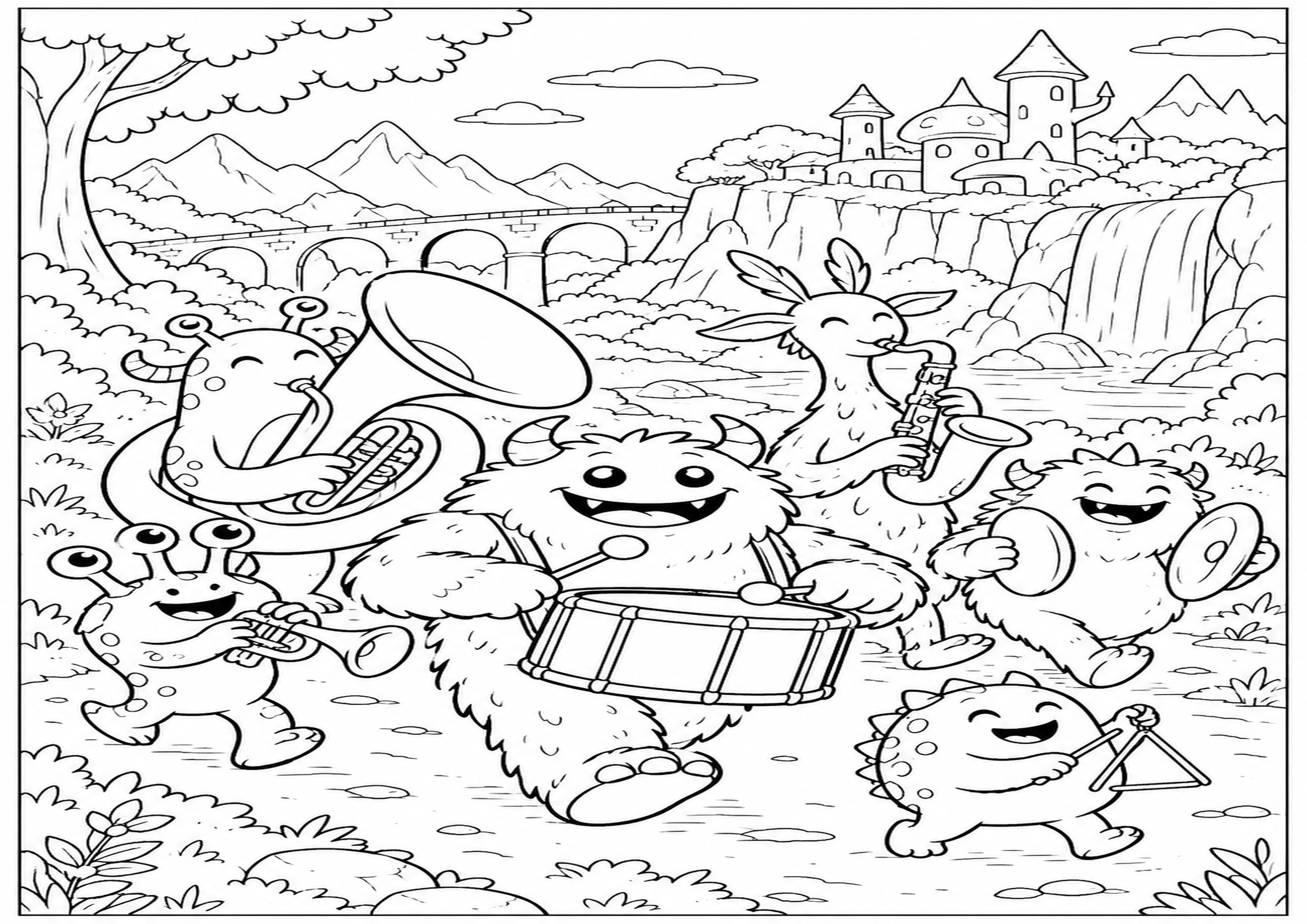 Coloriage fanfare de monstres mignons à imprimer
