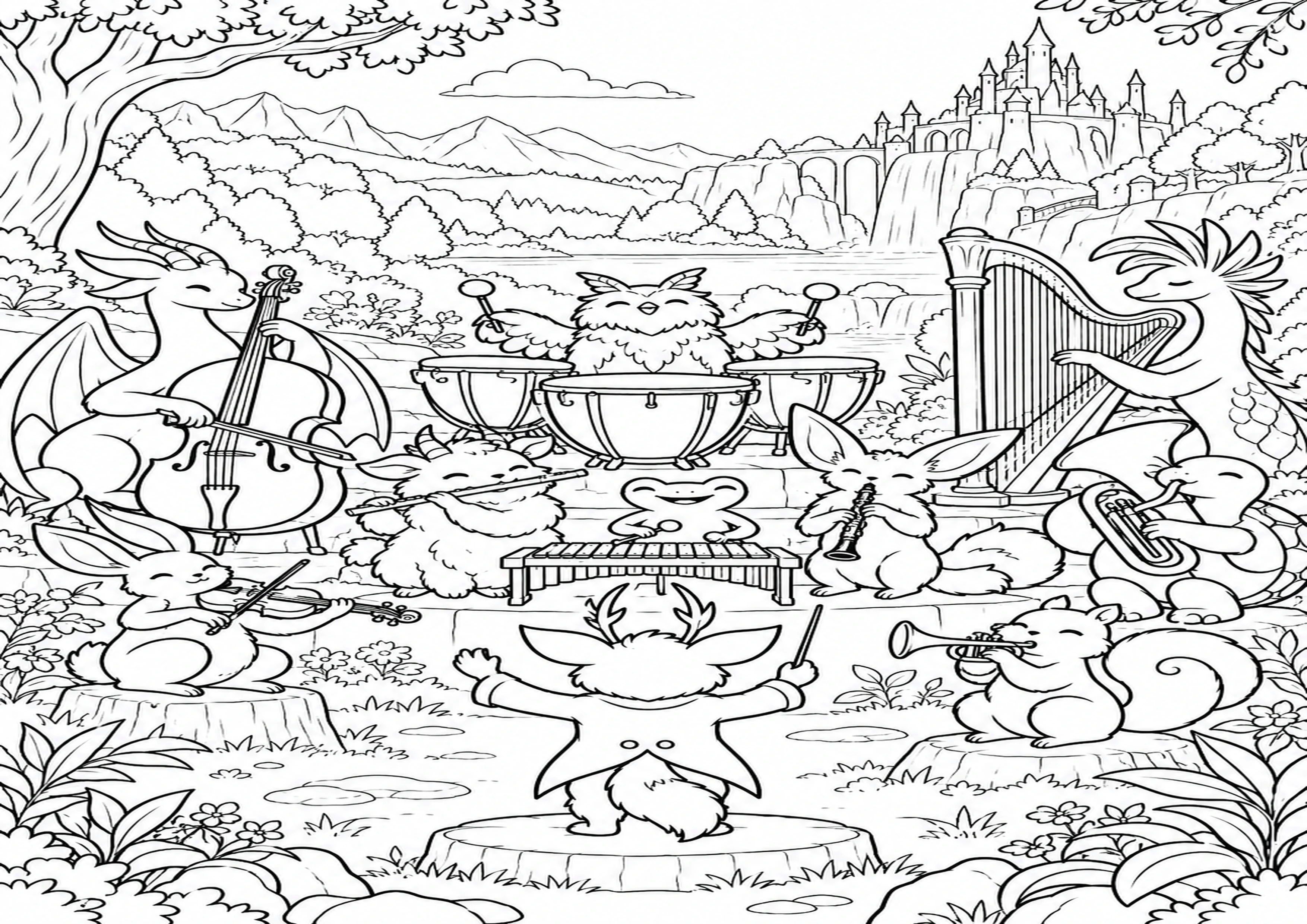 Coloriage grand orchestre de créatures originales à imprimer