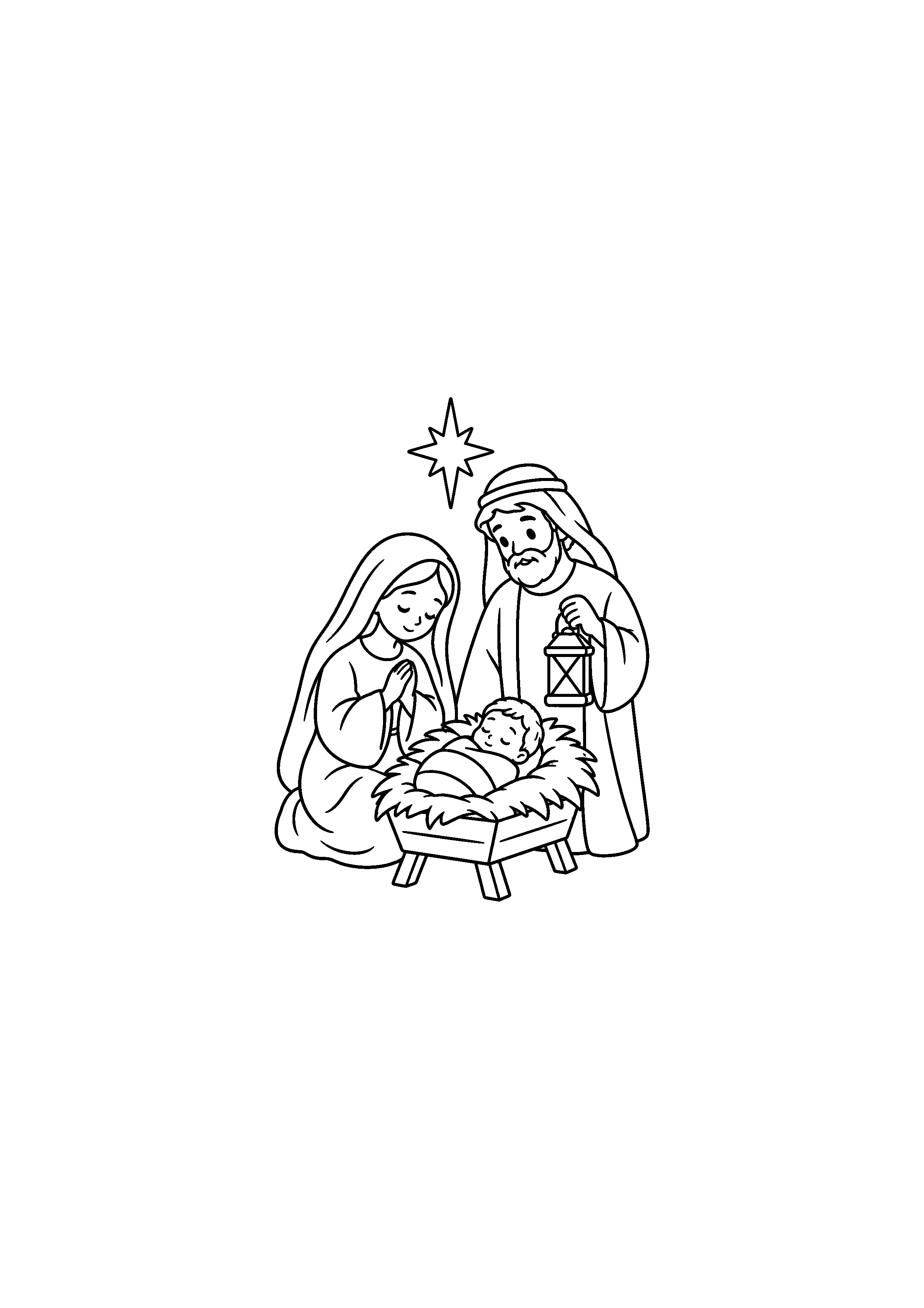 Coloriage Sainte Famille dans l’étable, composition 2 de Noël à imprimer gratuitement