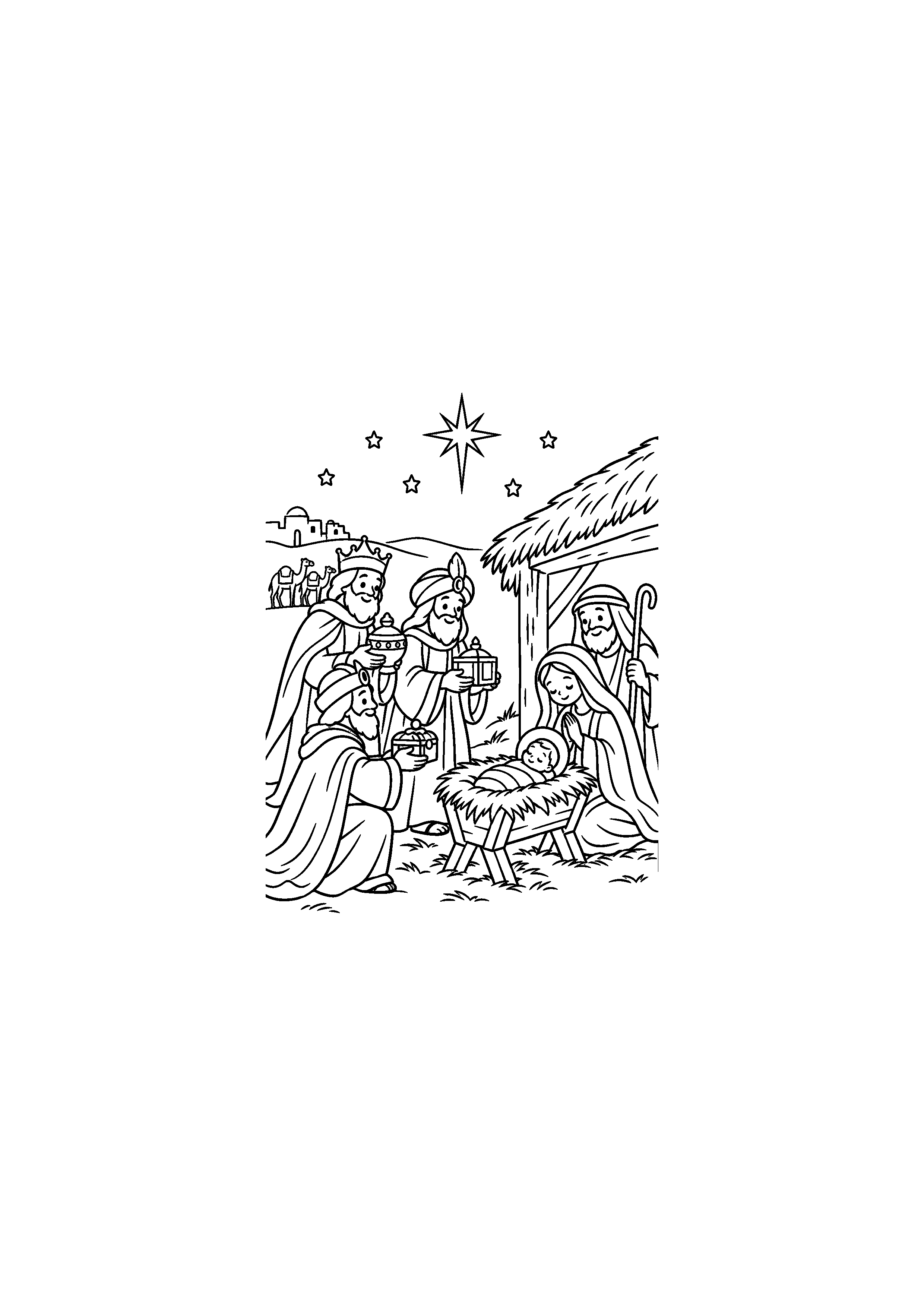Coloriage rois mages en chemin, composition 6 de Noël à imprimer gratuitement