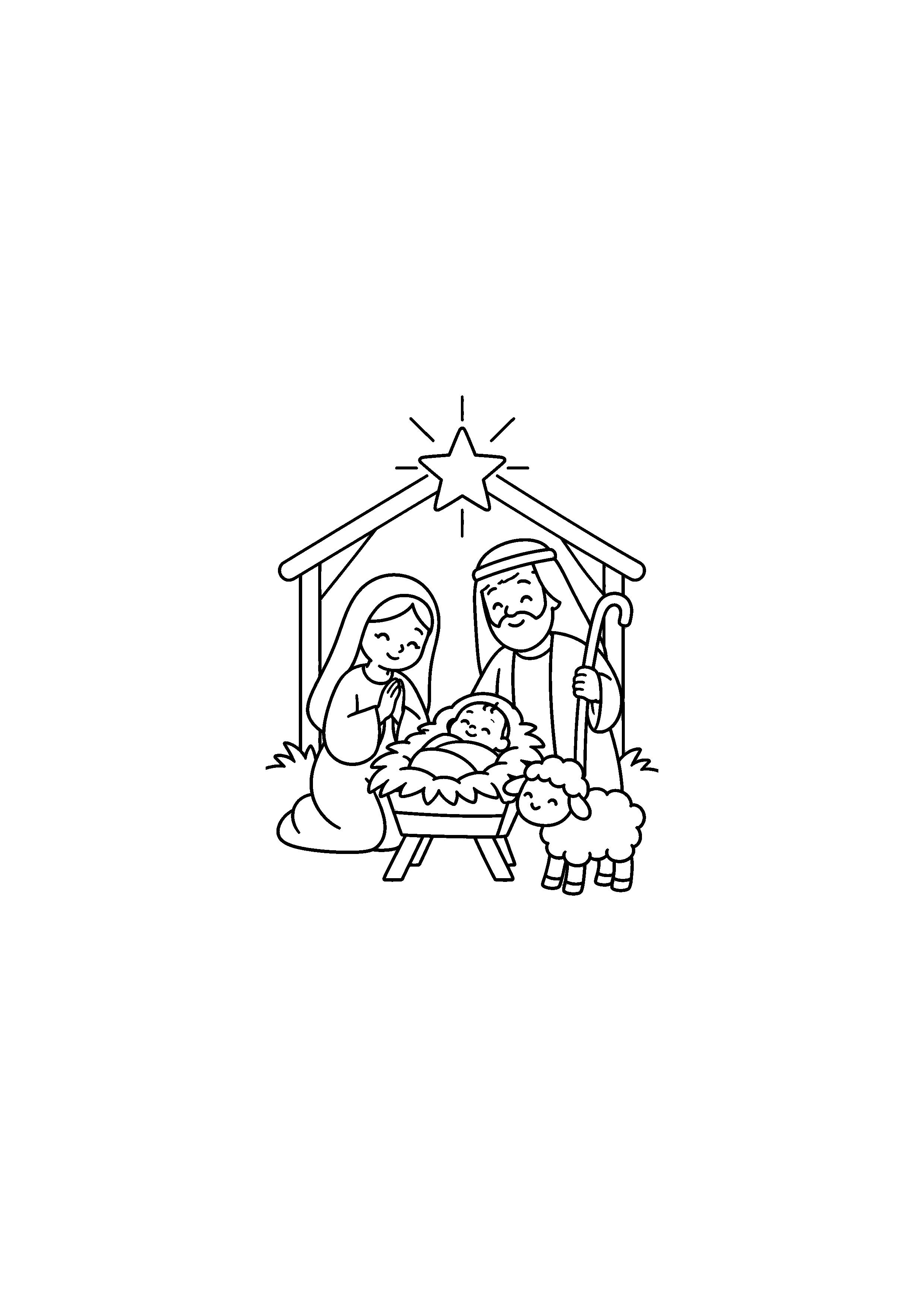 Coloriage berger près de la crèche, composition 10 de Noël à imprimer gratuitement