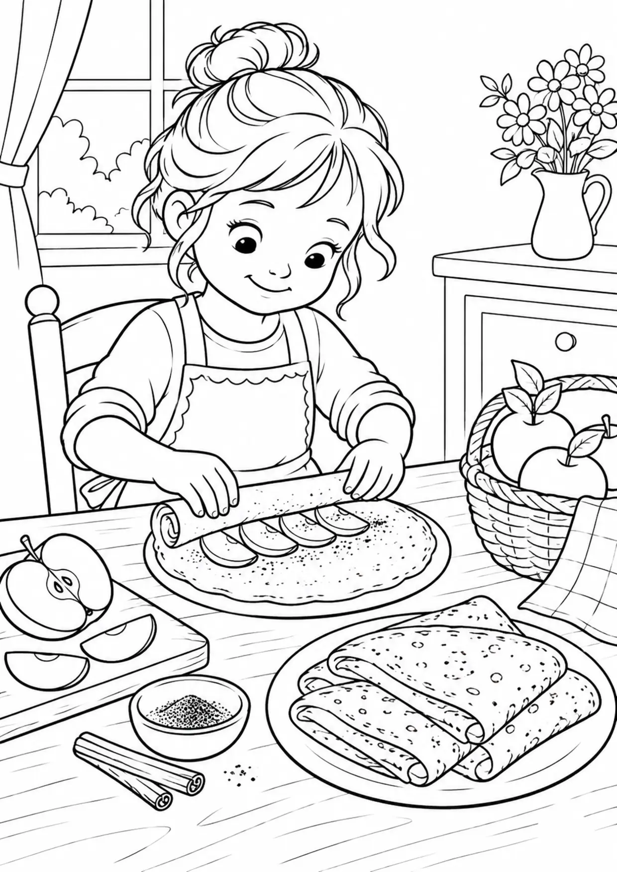Coloriage Crêpe : pomme à imprimer représentant pomme en dessin noir et blanc