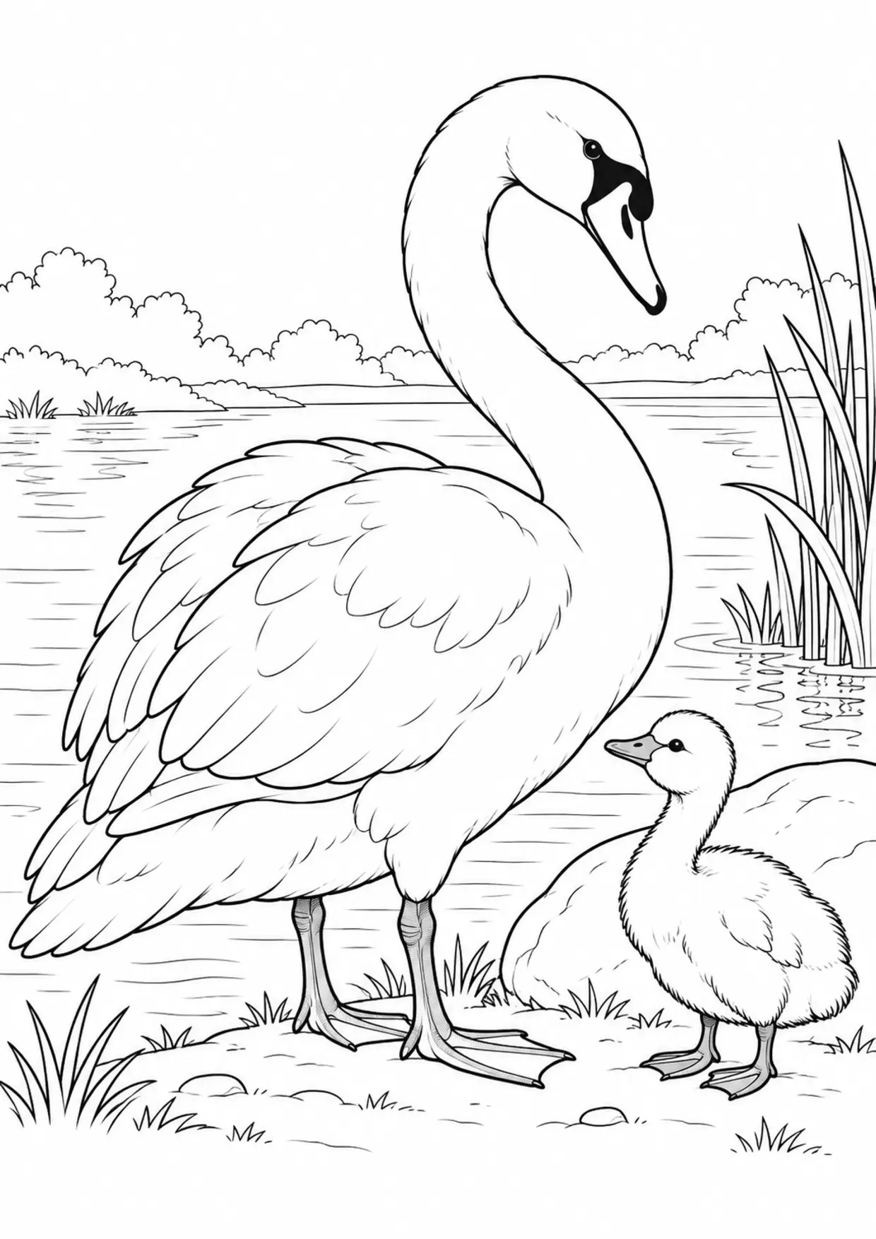 Coloriage cygne : adulte et petit près d’un rocher à imprimer