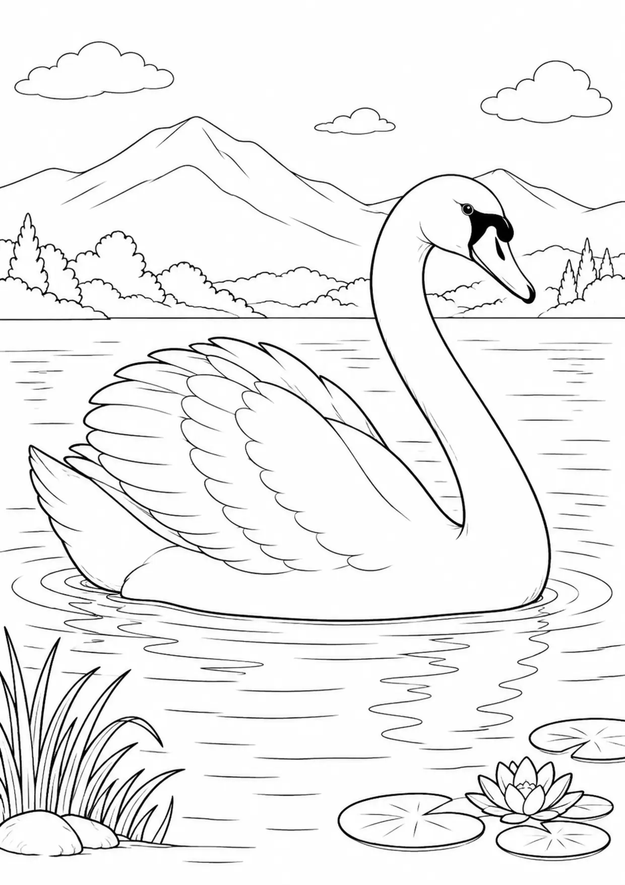 Coloriage cygne : animal dans un décor de montagnes, contours noirs nets et zones fermées sur fond blanc