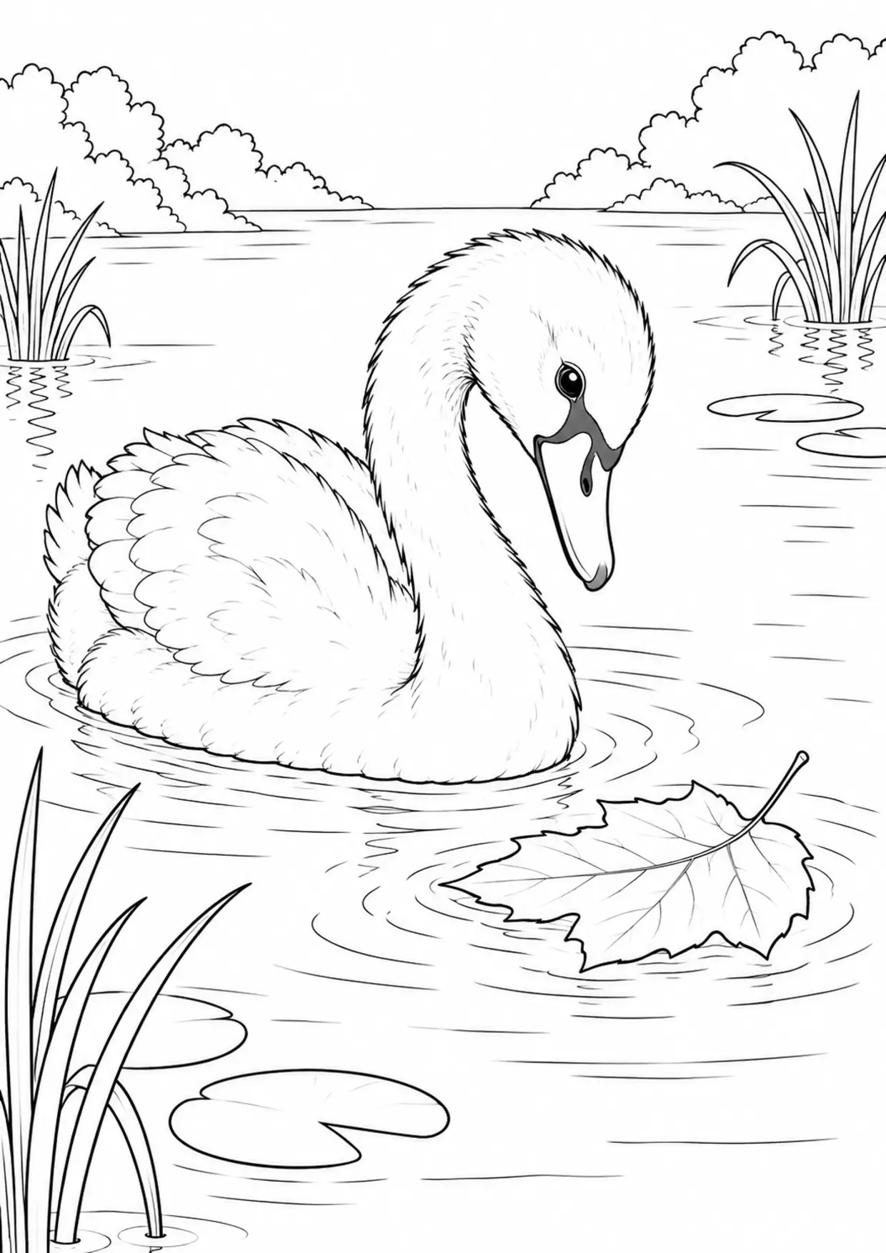 Coloriage cygne : jeune animal curieux avec une grande feuille à imprimer