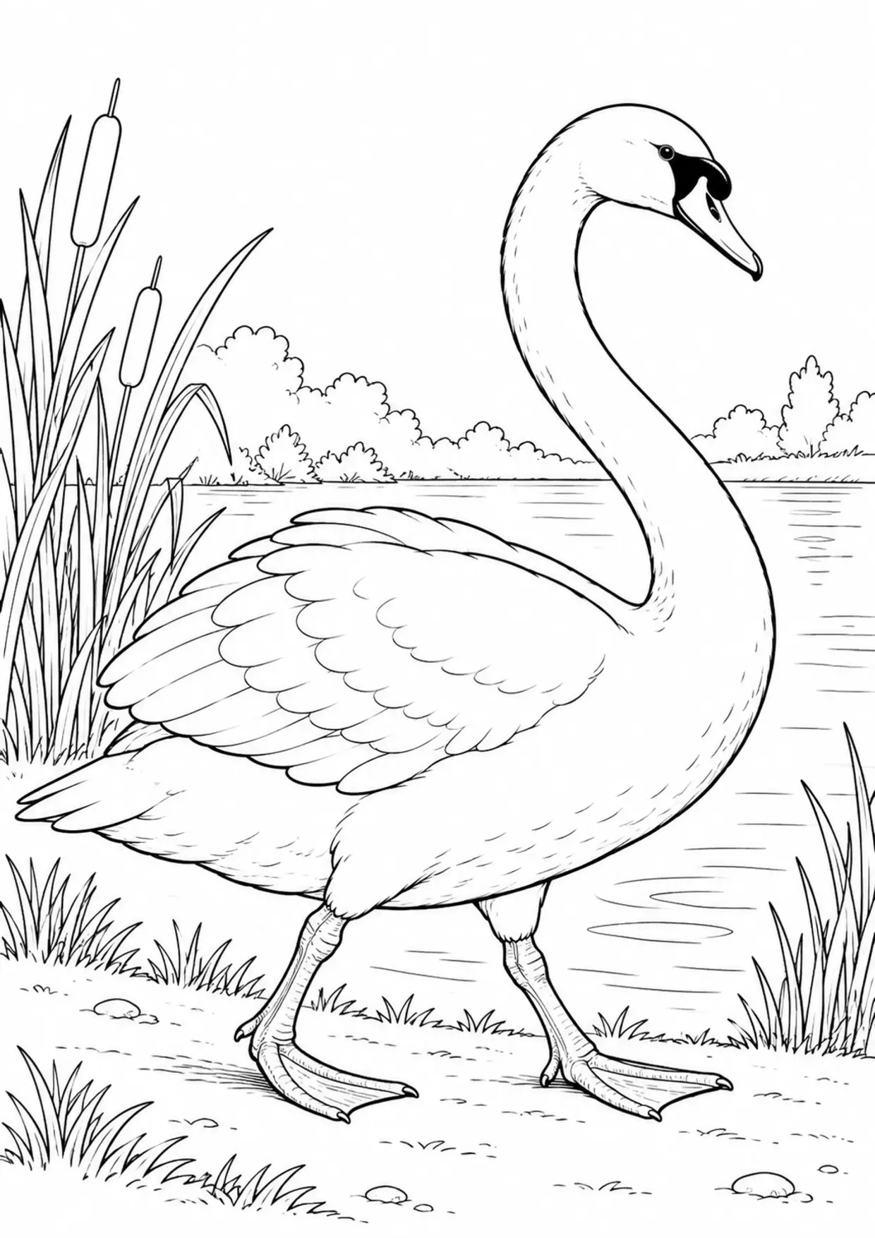 Coloriage cygne : profil marchant dans son habitat à imprimer
