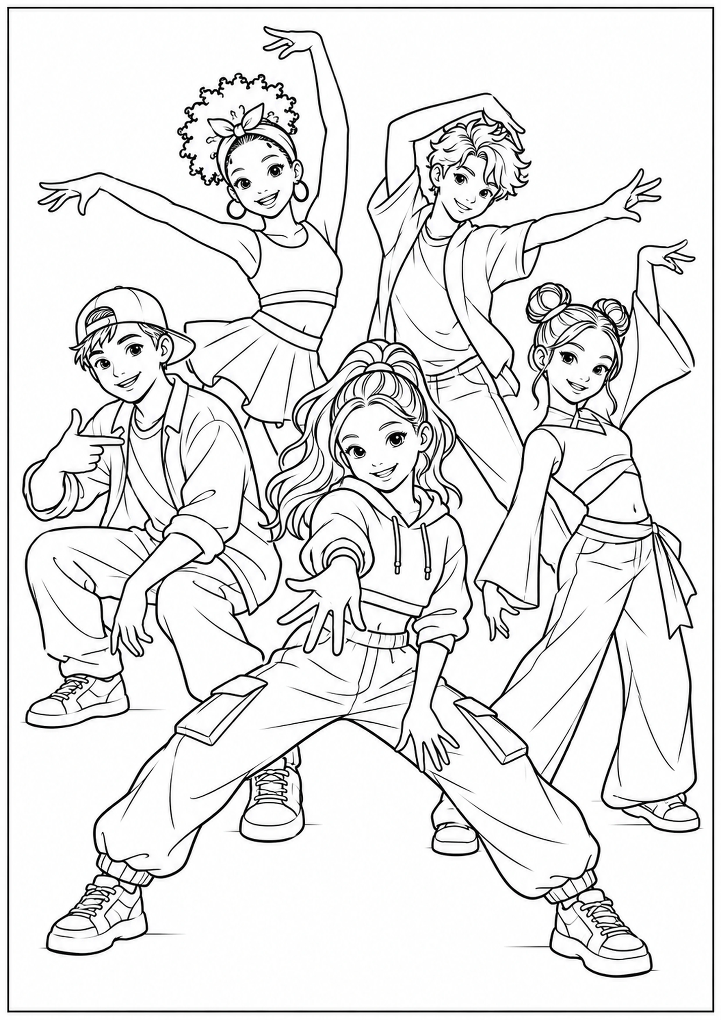 Coloriage groupe en tenues toutes différentes à imprimer