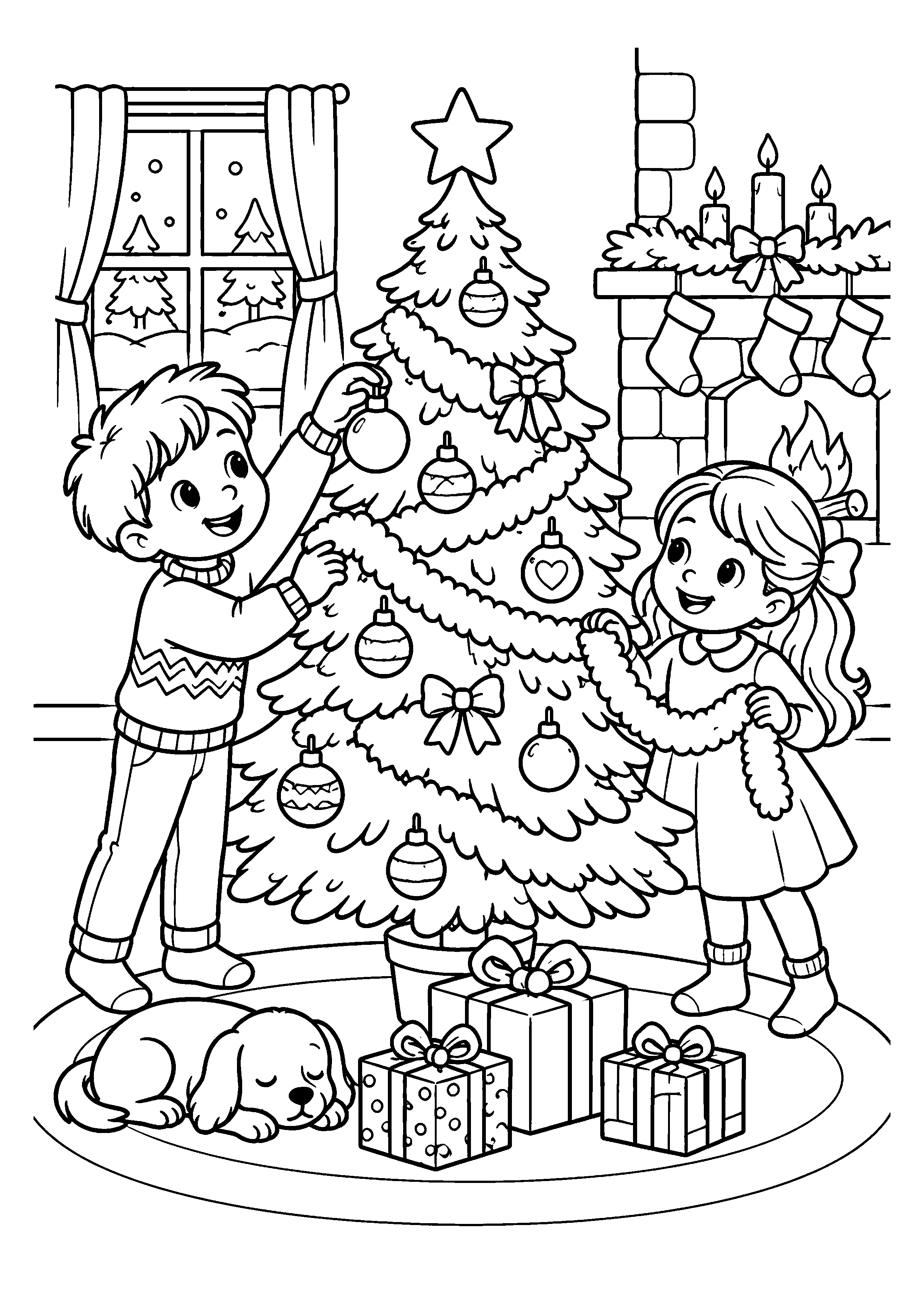 Coloriage Deux enfants décorent un sapin dans le salon de Noël à imprimer gratuitement