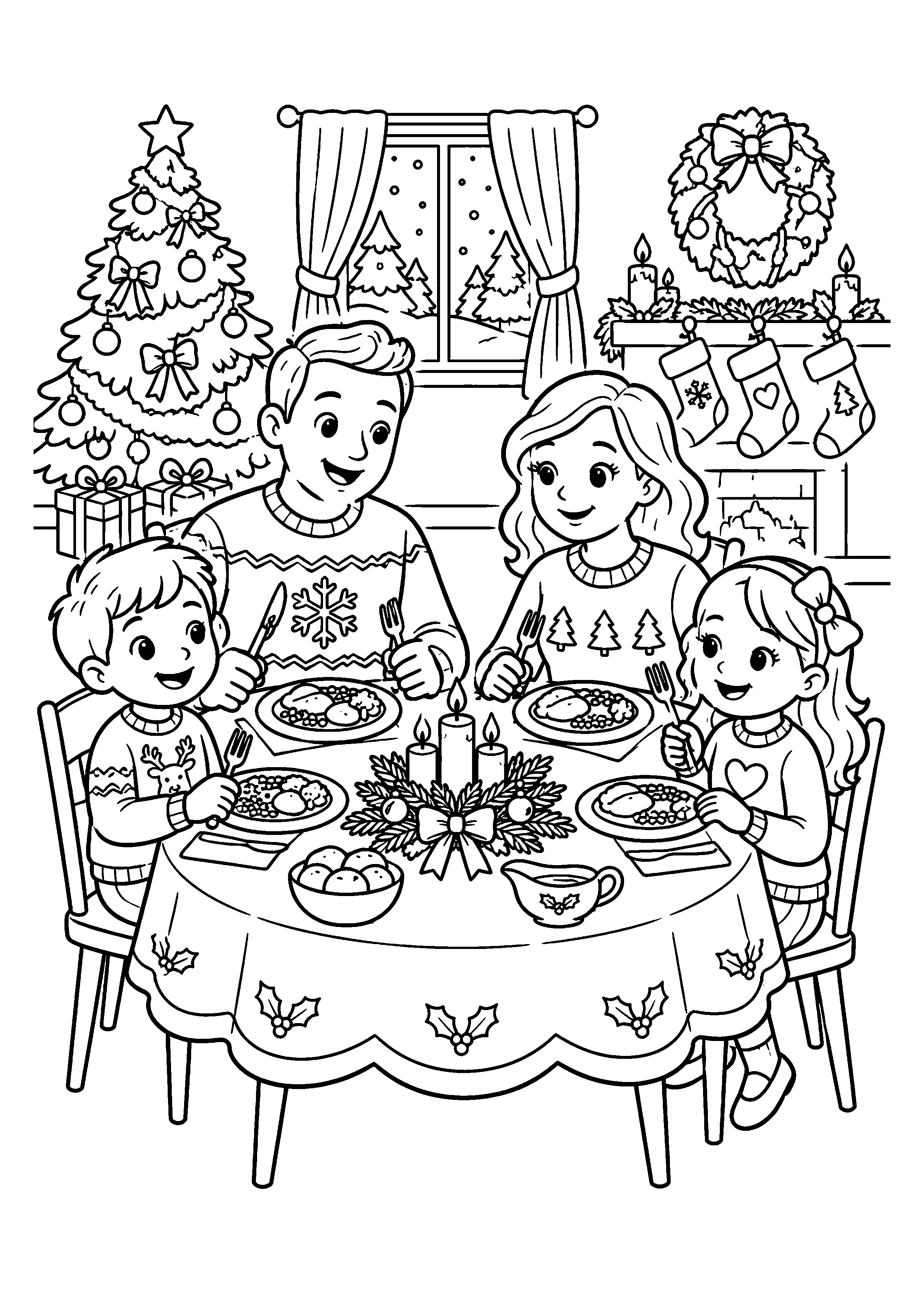 Coloriage Famille de quatre autour de la table du réveillon de Noël à imprimer gratuitement