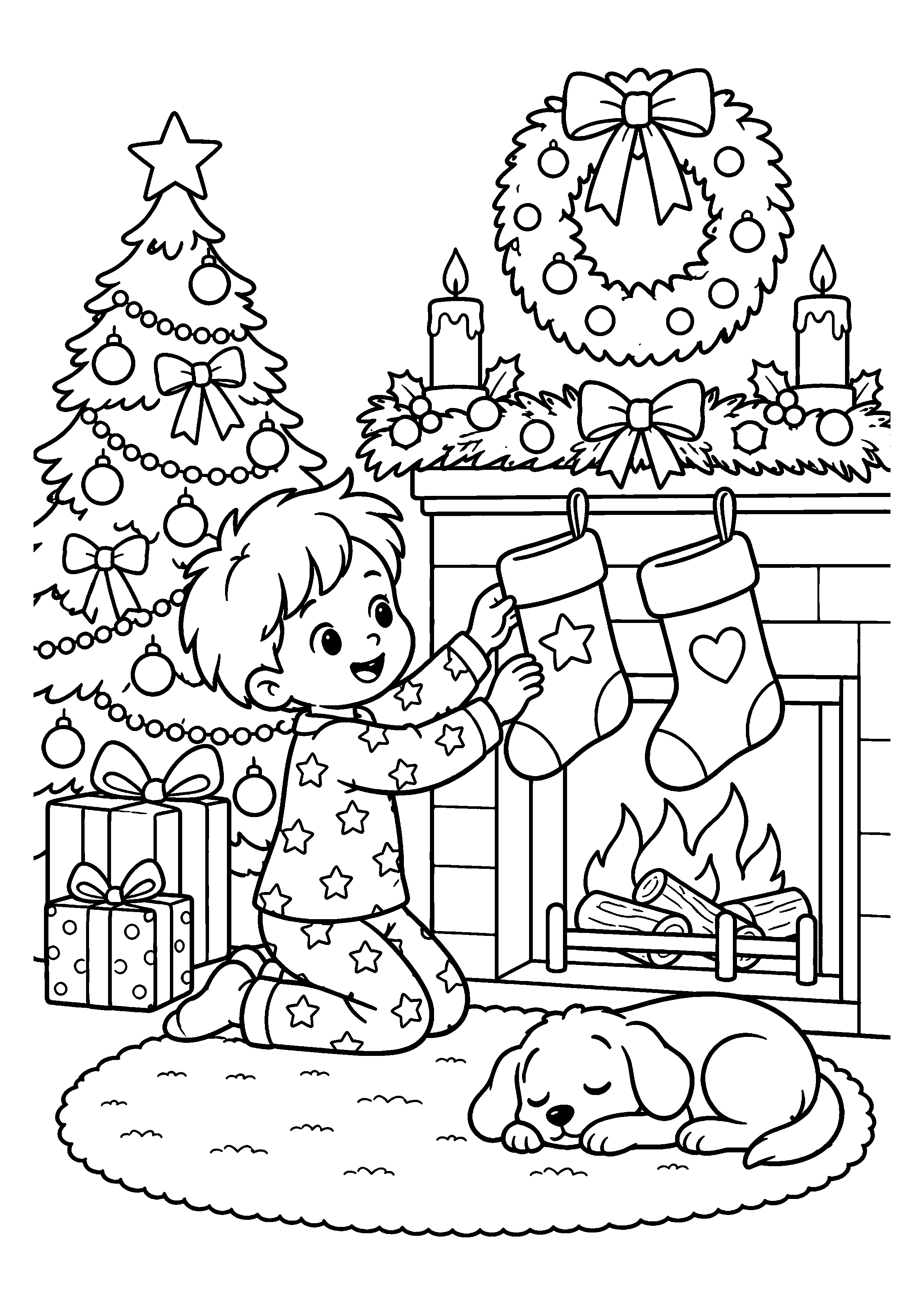 Coloriage Enfant accrochant des chaussettes près de la cheminée de Noël à imprimer gratuitement