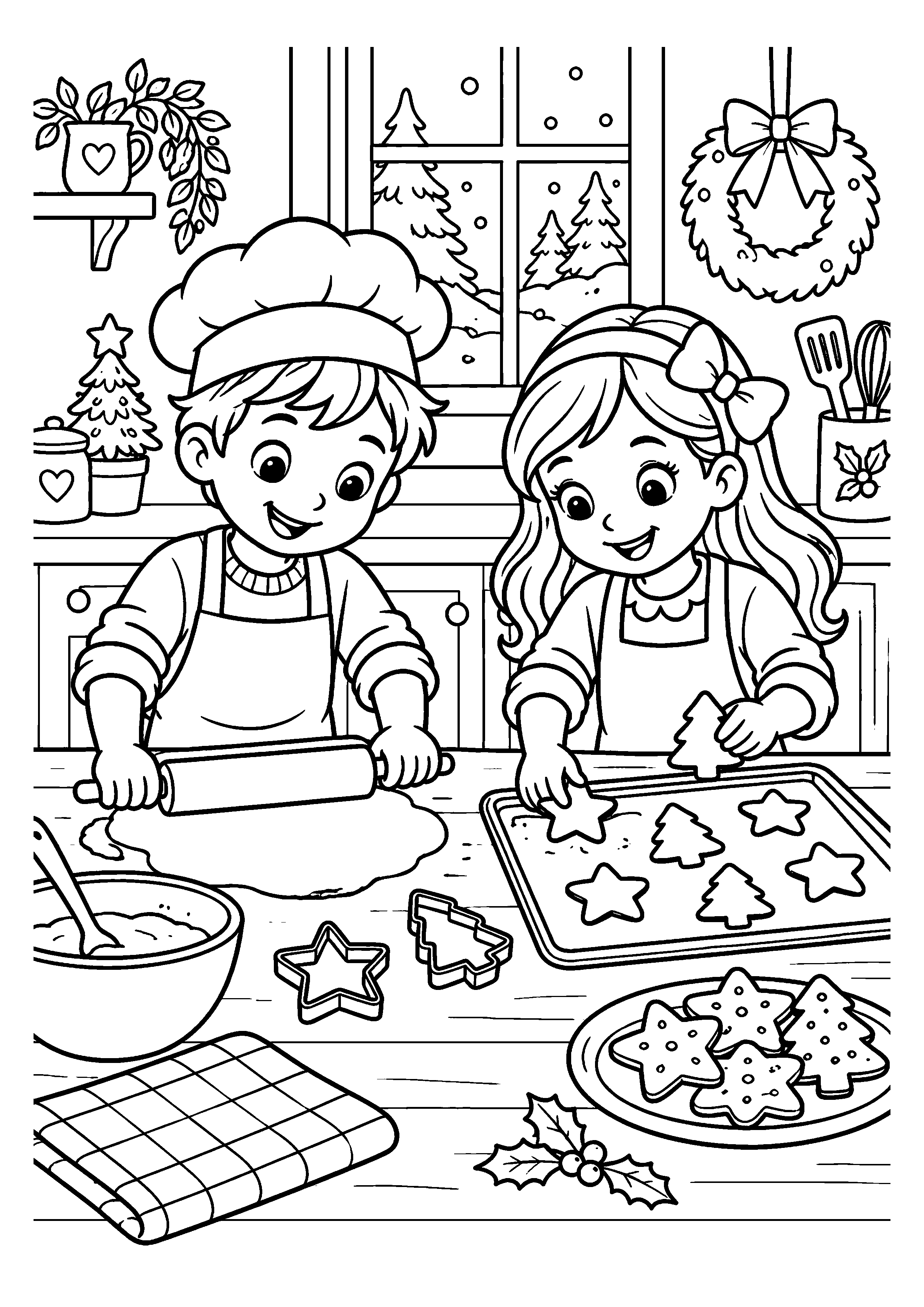 Coloriage Deux enfants préparent des biscuits de Noël à imprimer gratuitement