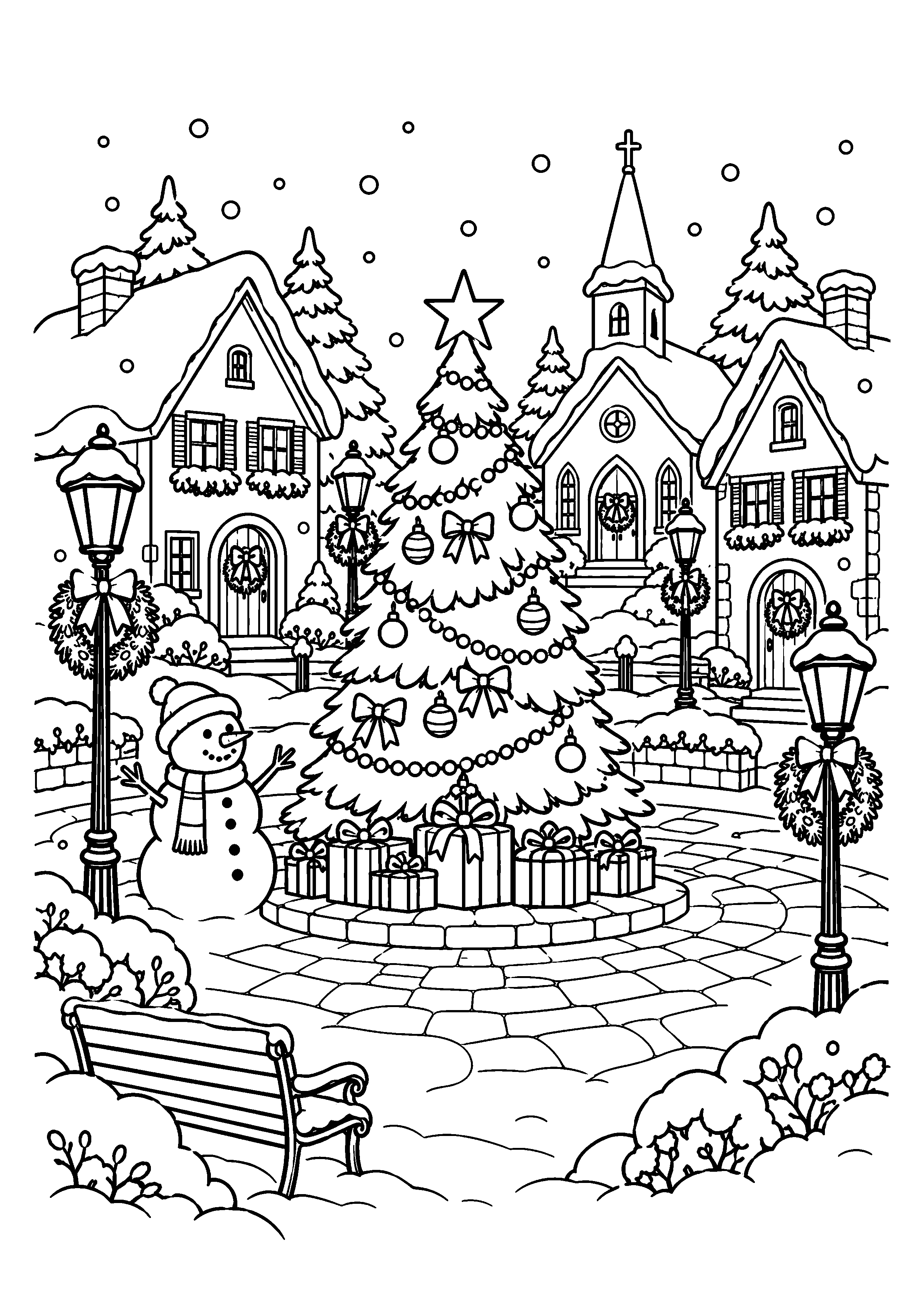 Coloriage Village enneigé avec sapin sur la place de Noël à imprimer gratuitement