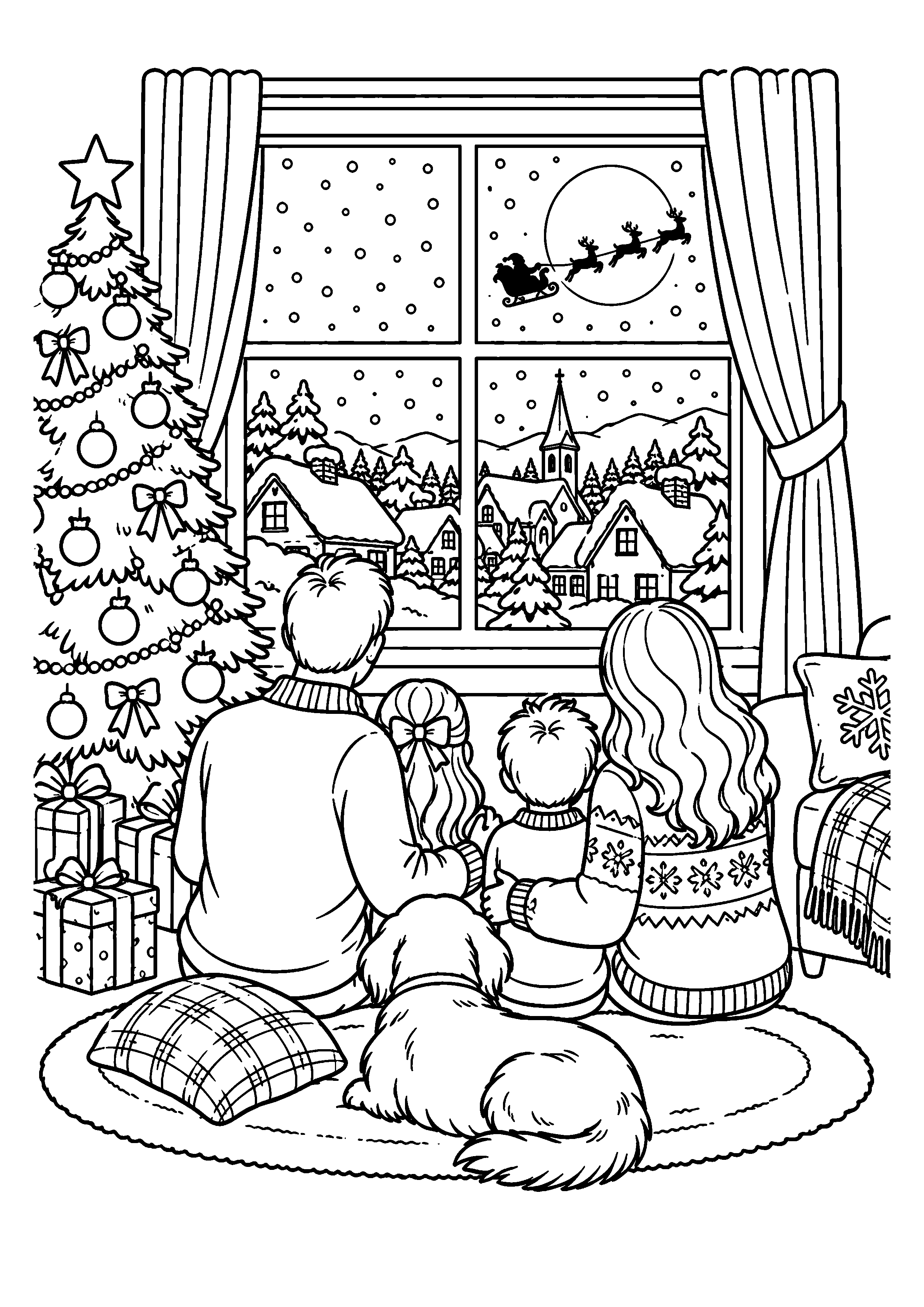 Coloriage Famille regardant la neige par la fenêtre le soir de Noël à imprimer gratuitement
