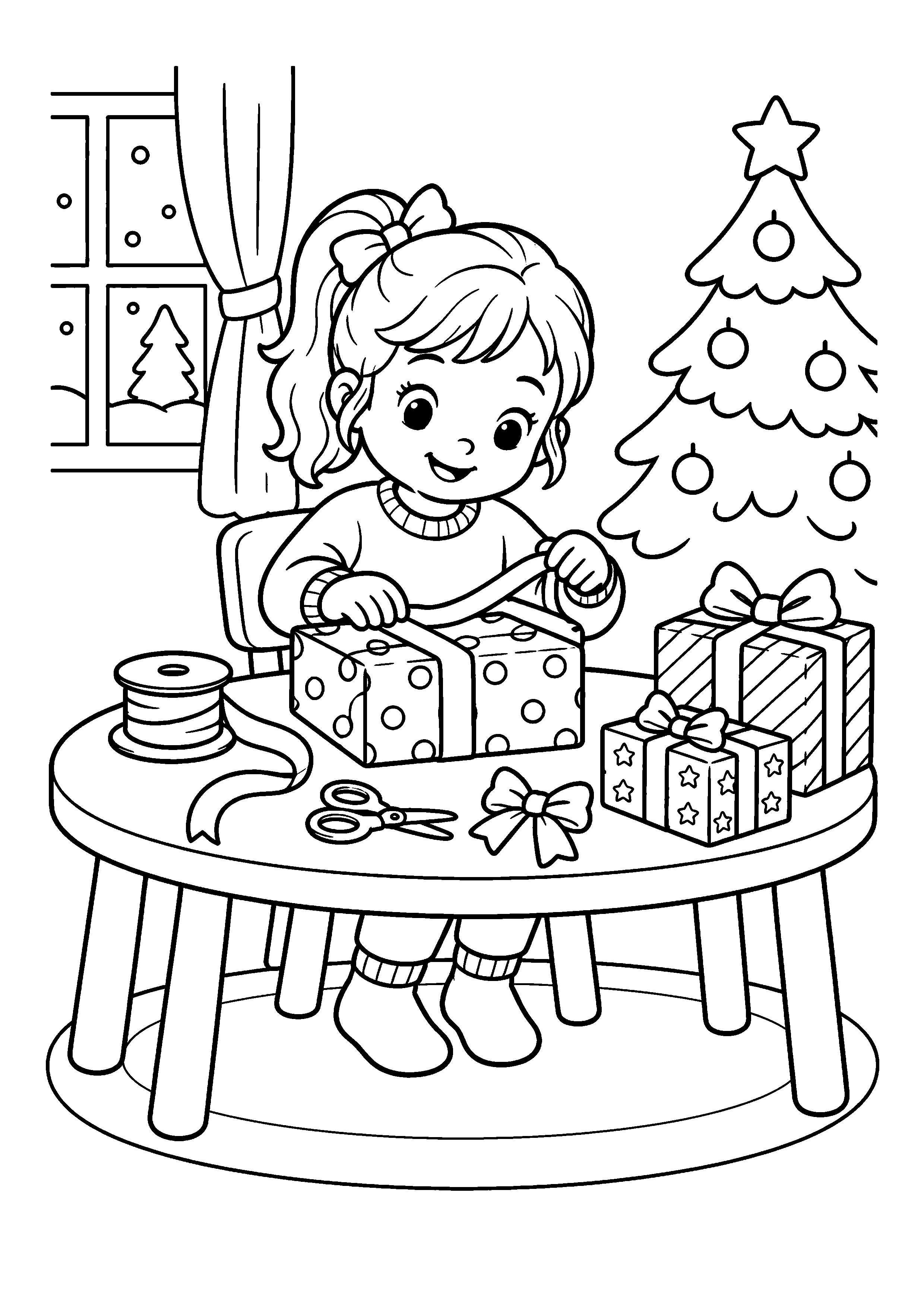Coloriage Enfant emballant un cadeau de Noël à imprimer gratuitement