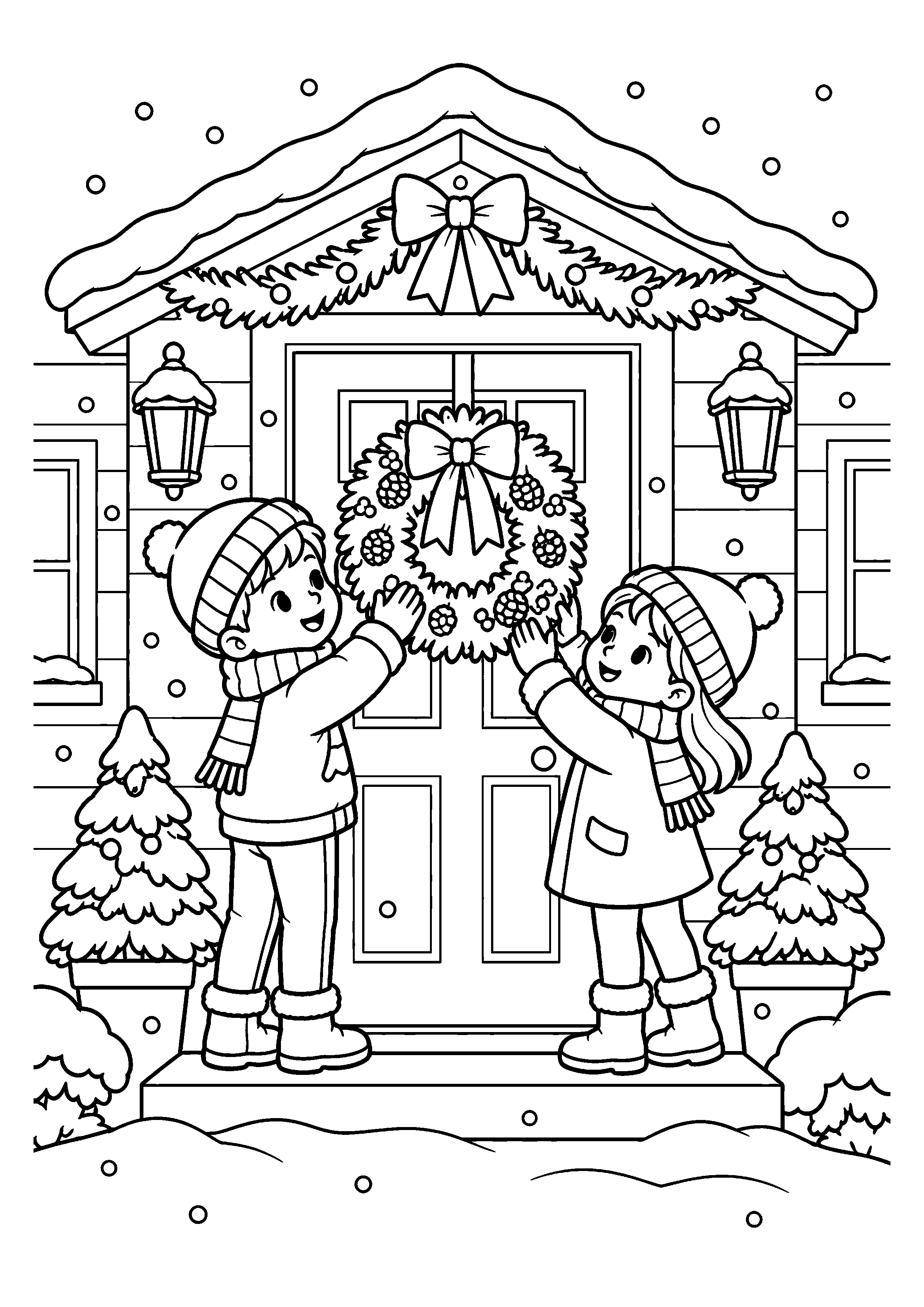Coloriage Deux enfants accrochent une couronne à la porte de Noël à imprimer gratuitement