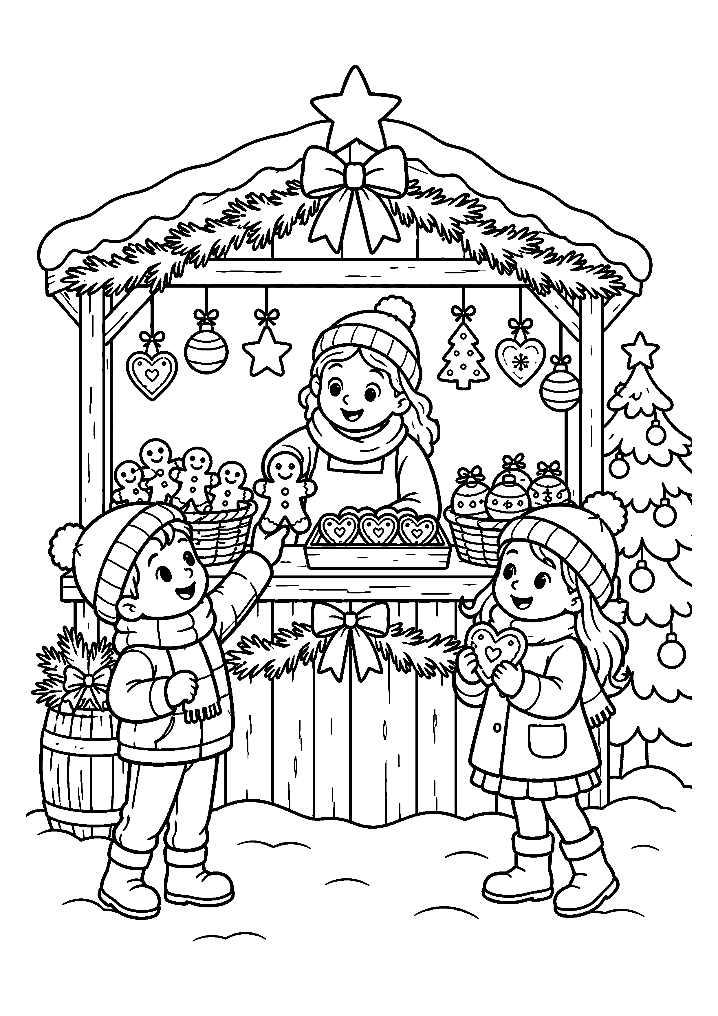 Coloriage Enfants devant un stand de marché de Noël à imprimer gratuitement