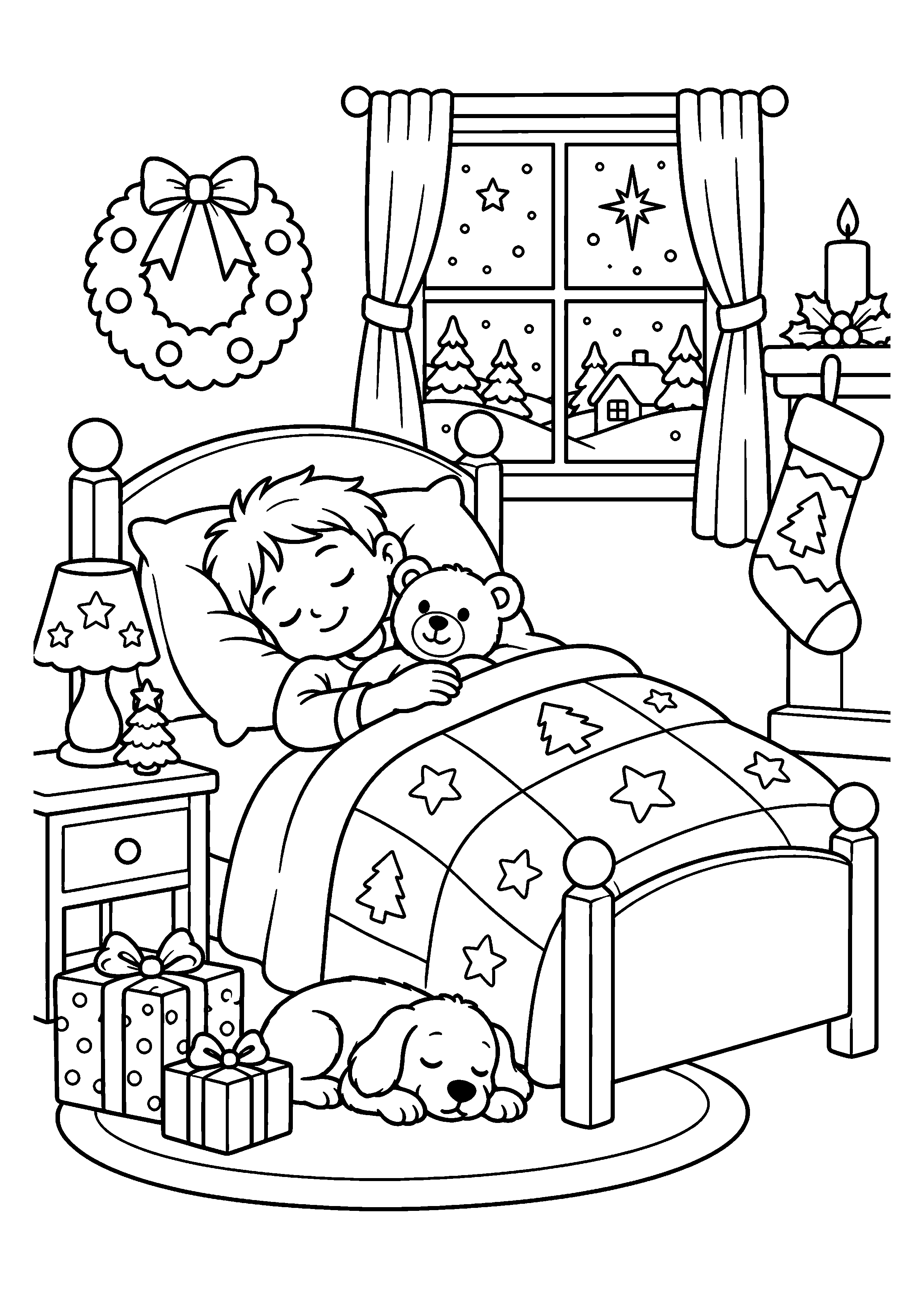 Coloriage Enfant endormi attendant Noël de Noël à imprimer gratuitement