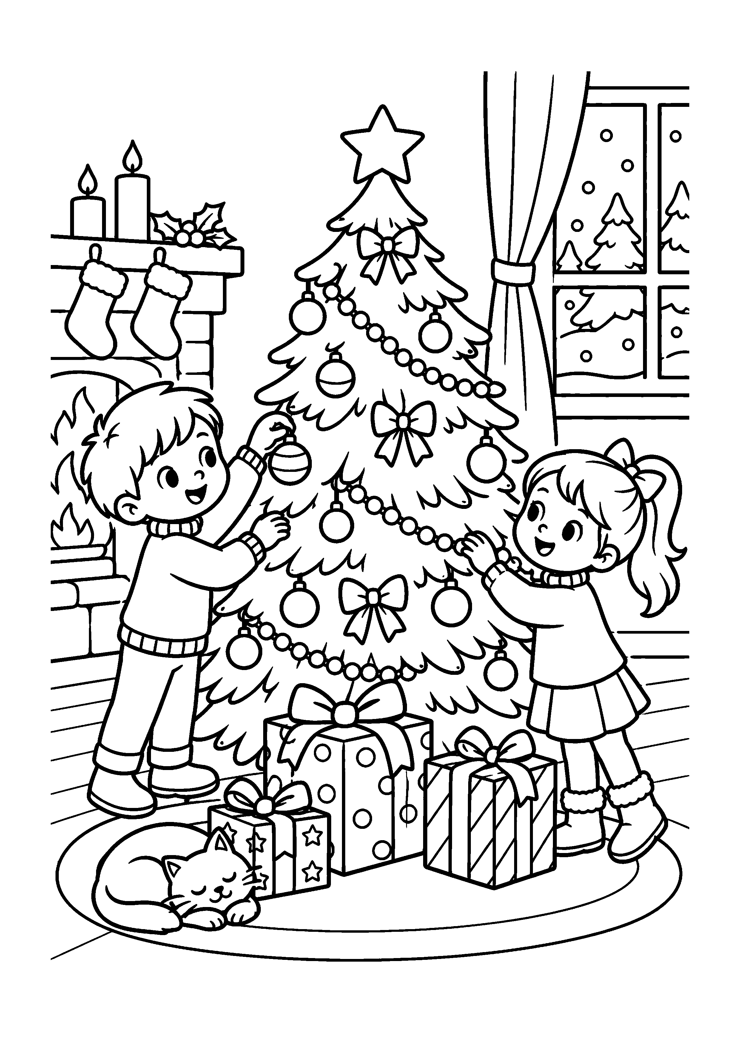 Coloriage enfants décorant une fenêtre, composition 11 de Noël à imprimer gratuitement