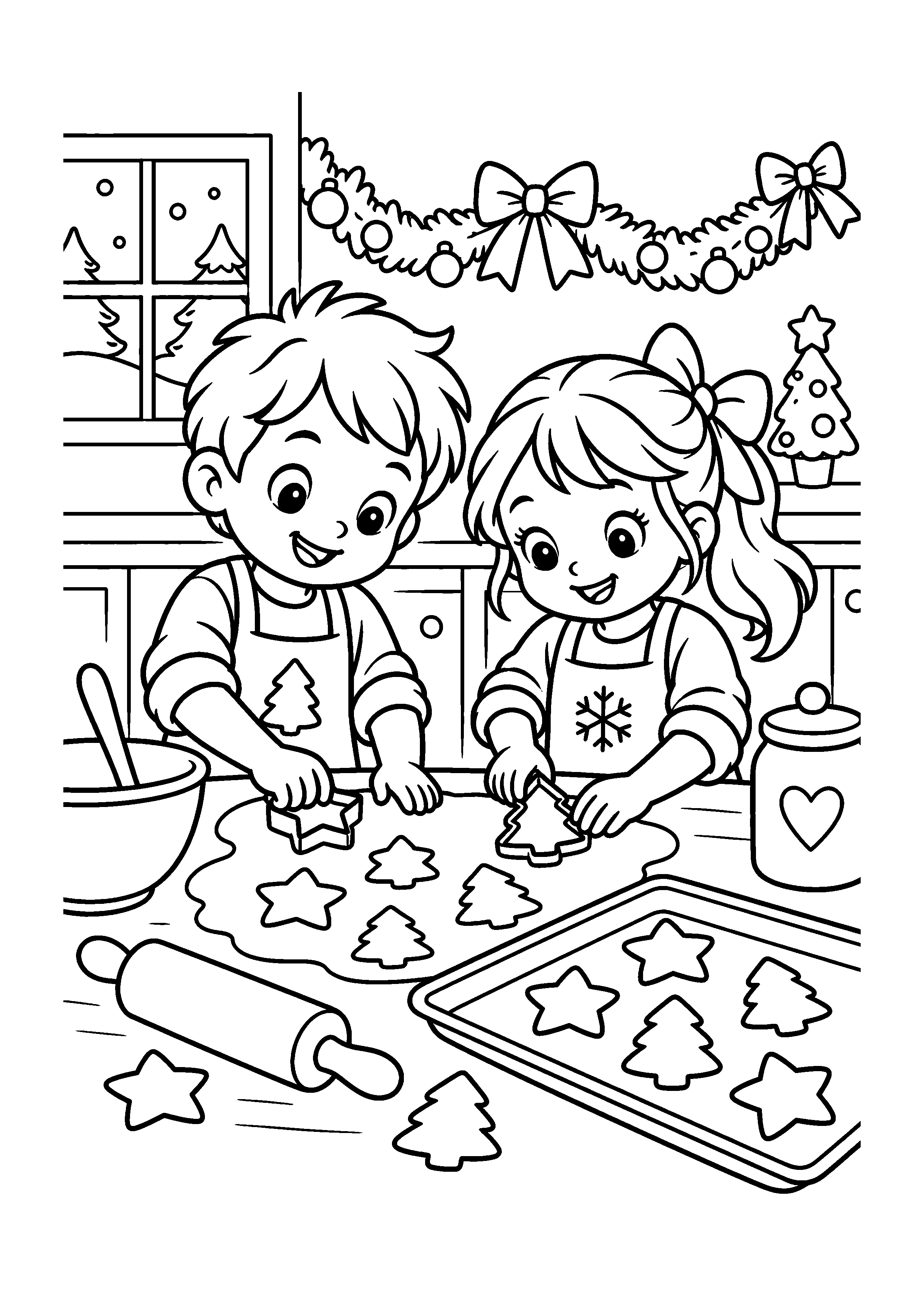 Coloriage train de Noël près du sapin, composition 14 de Noël à imprimer gratuitement