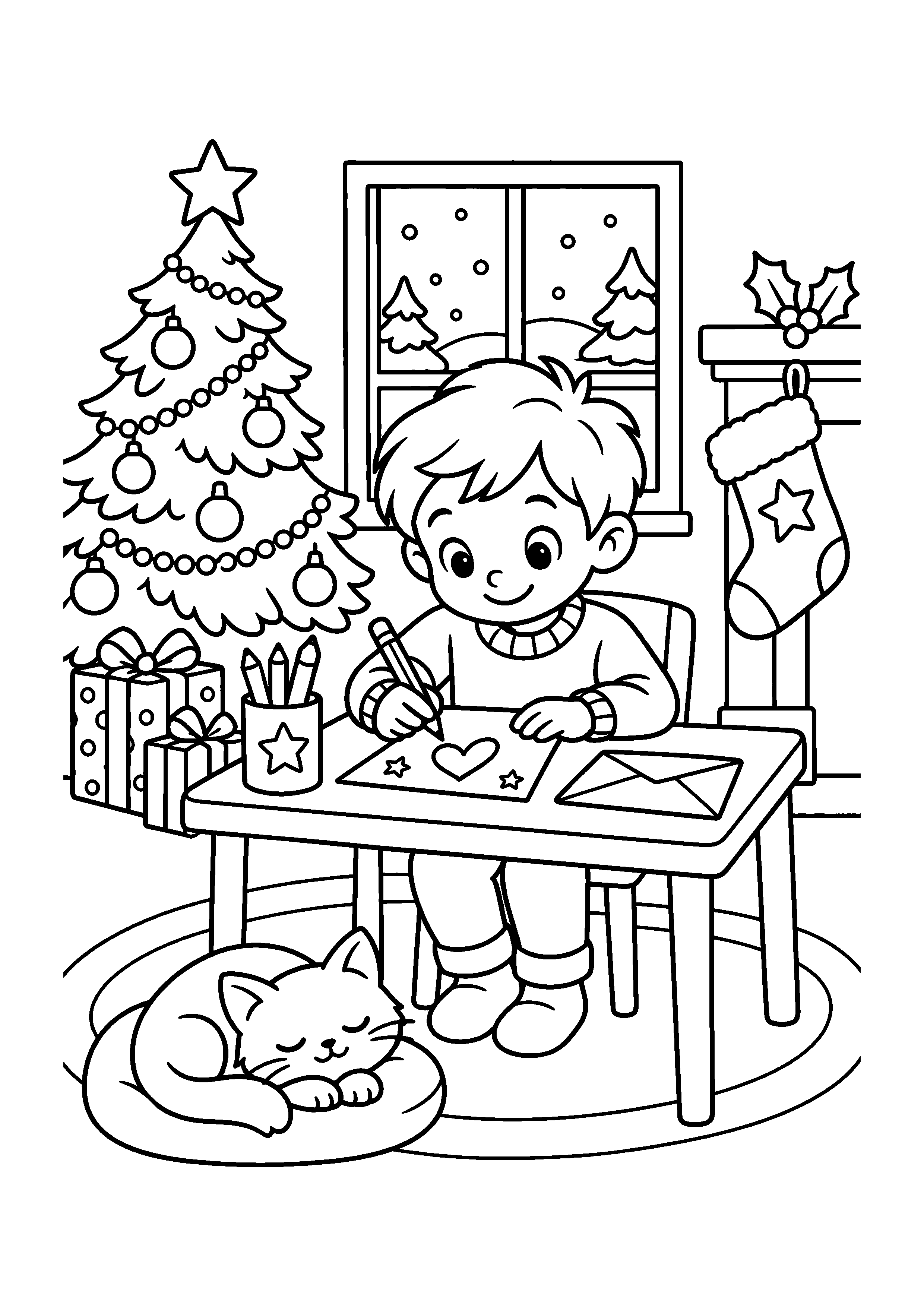 Coloriage luge devant une maison décorée, composition 15 de Noël à imprimer gratuitement