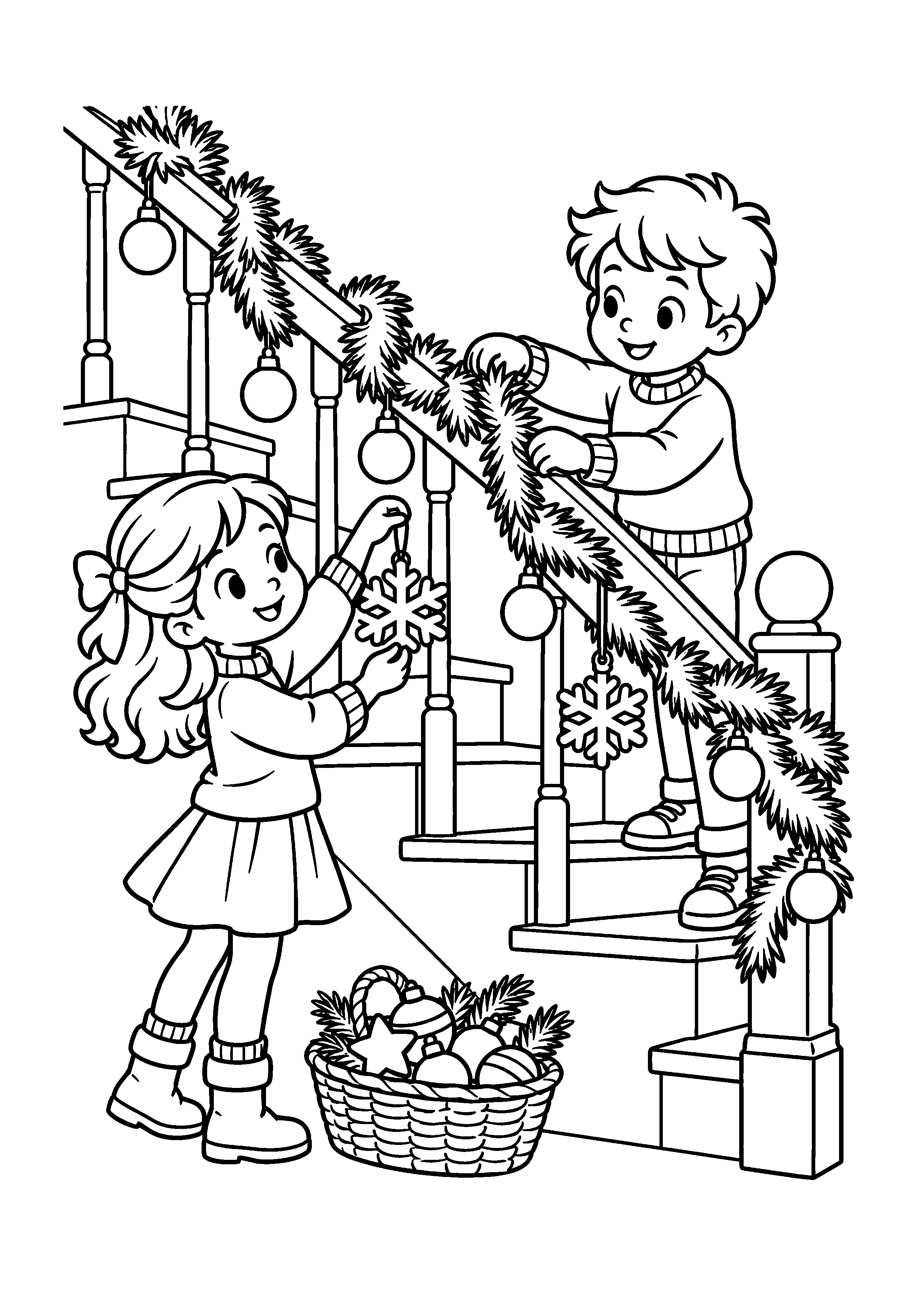 Coloriage enfants décorant le sapin, composition 16 de Noël à imprimer gratuitement