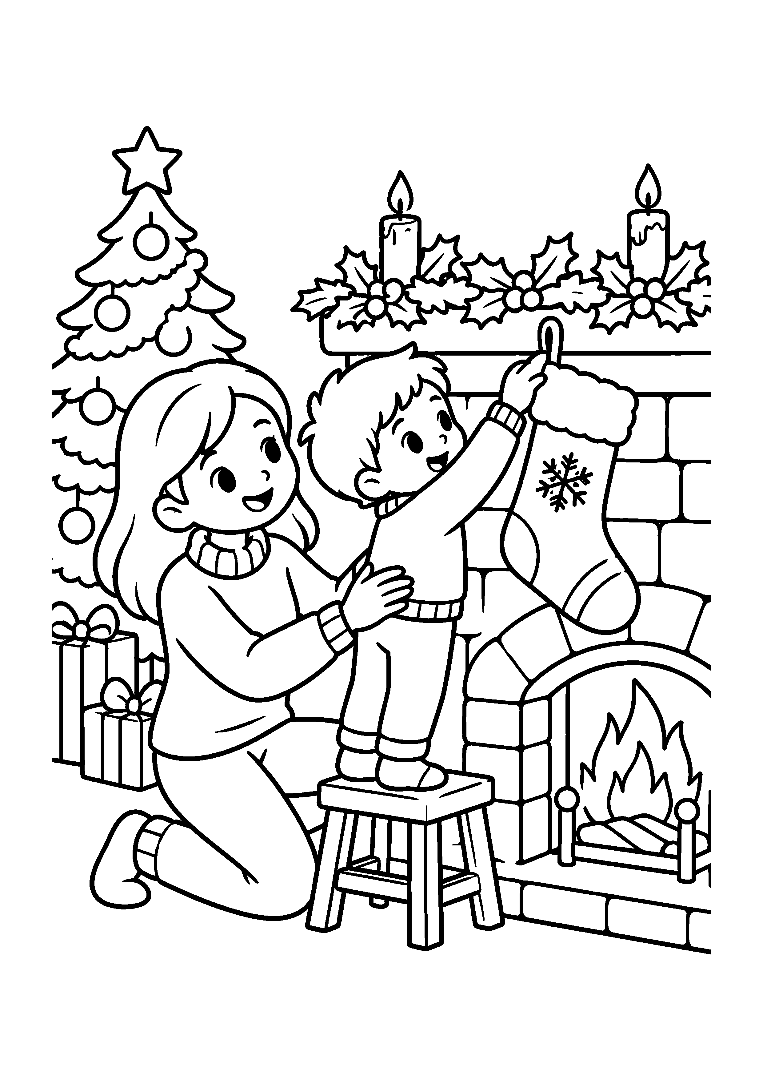 Coloriage famille autour du réveillon, composition 17 de Noël à imprimer gratuitement