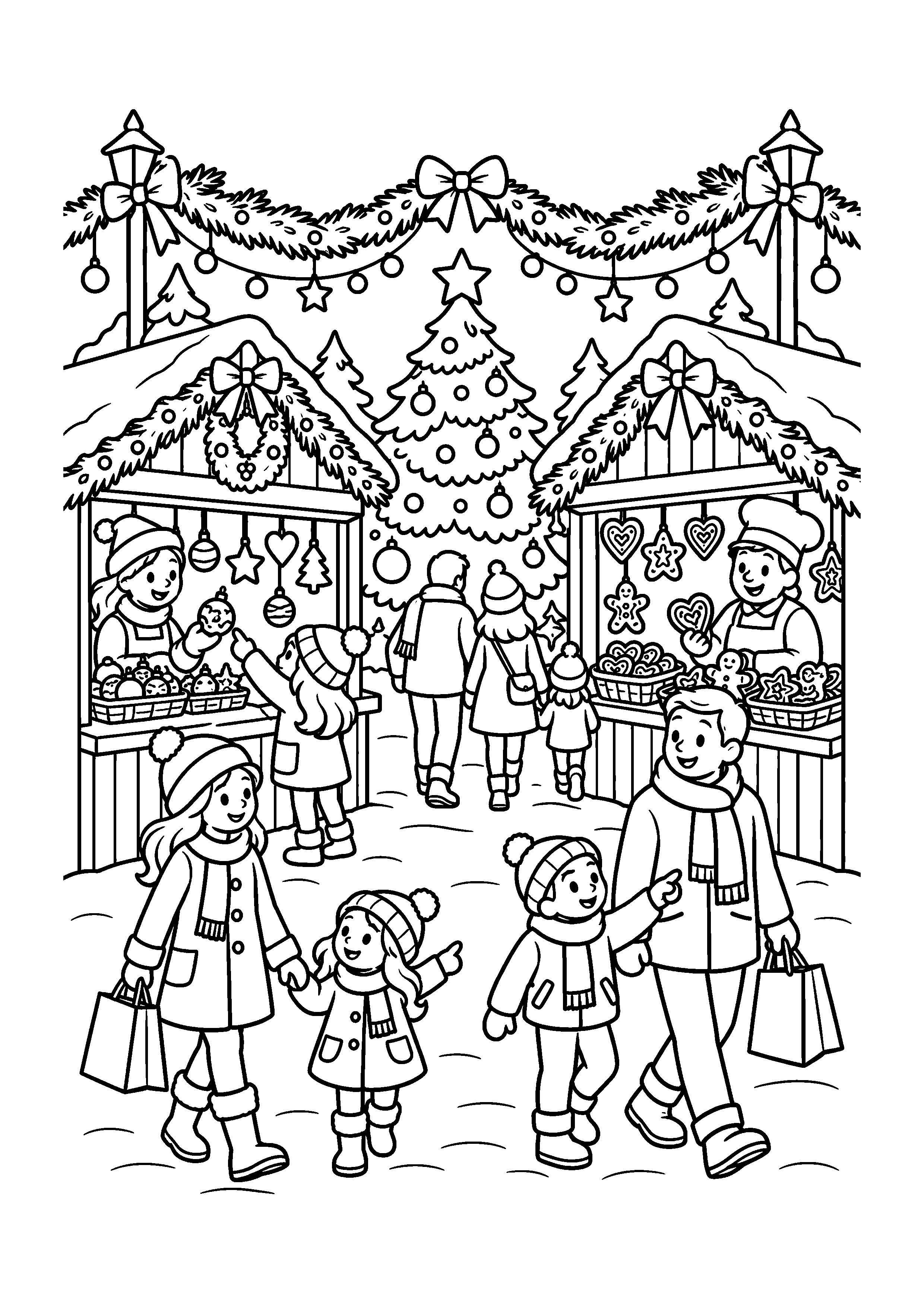 Coloriage enfants préparant des biscuits, composition 19 de Noël à imprimer gratuitement