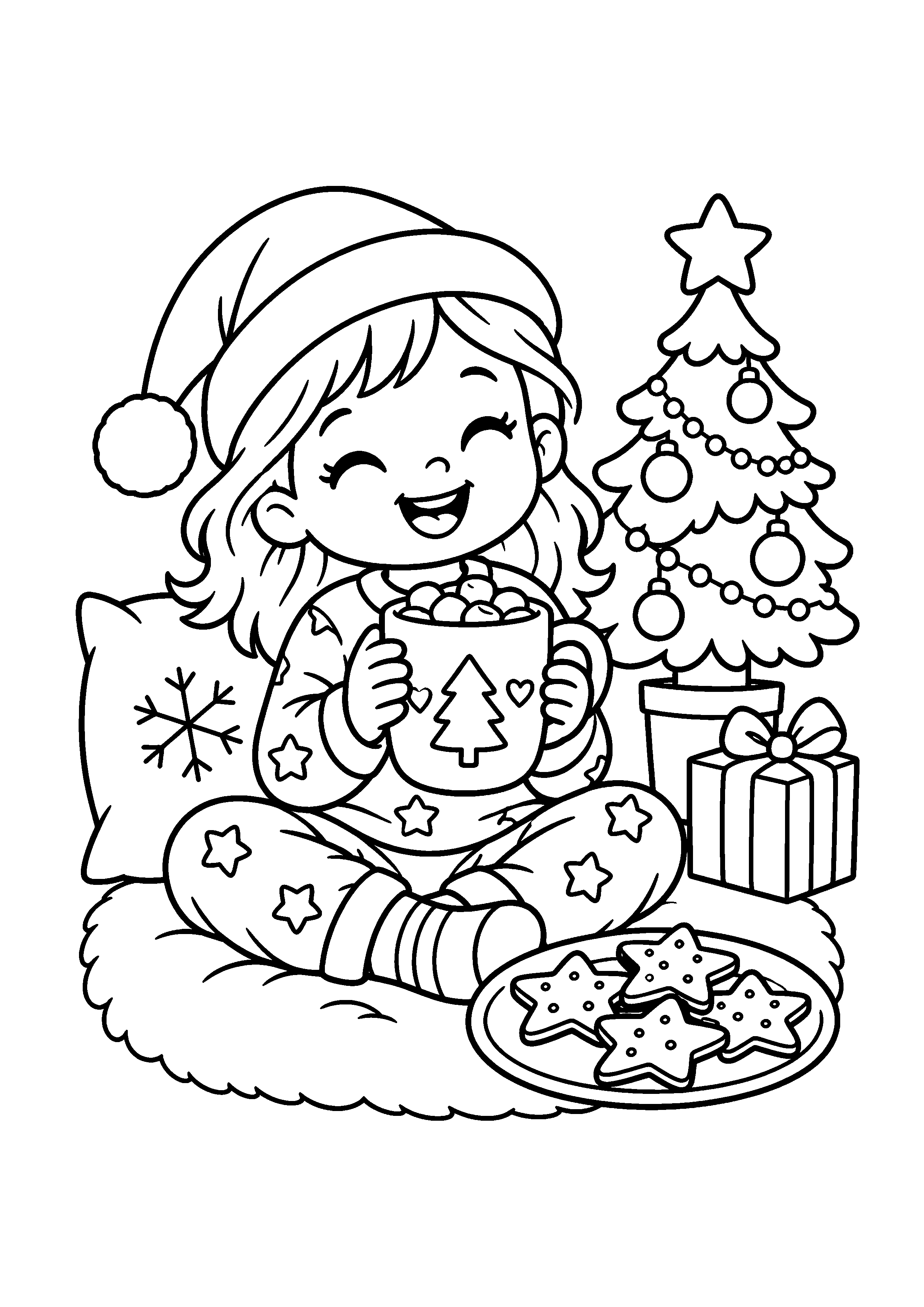 Coloriage enfants décorant une fenêtre, composition 26 de Noël à imprimer gratuitement