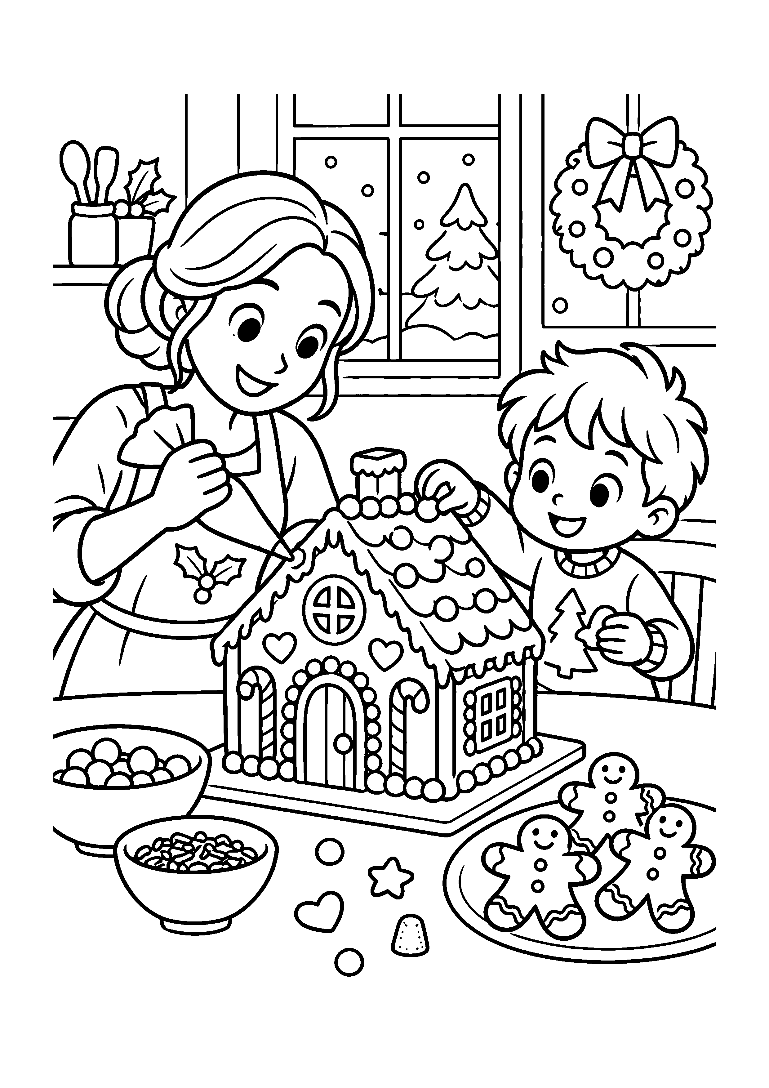 Coloriage luge devant une maison décorée, composition 30 de Noël à imprimer gratuitement
